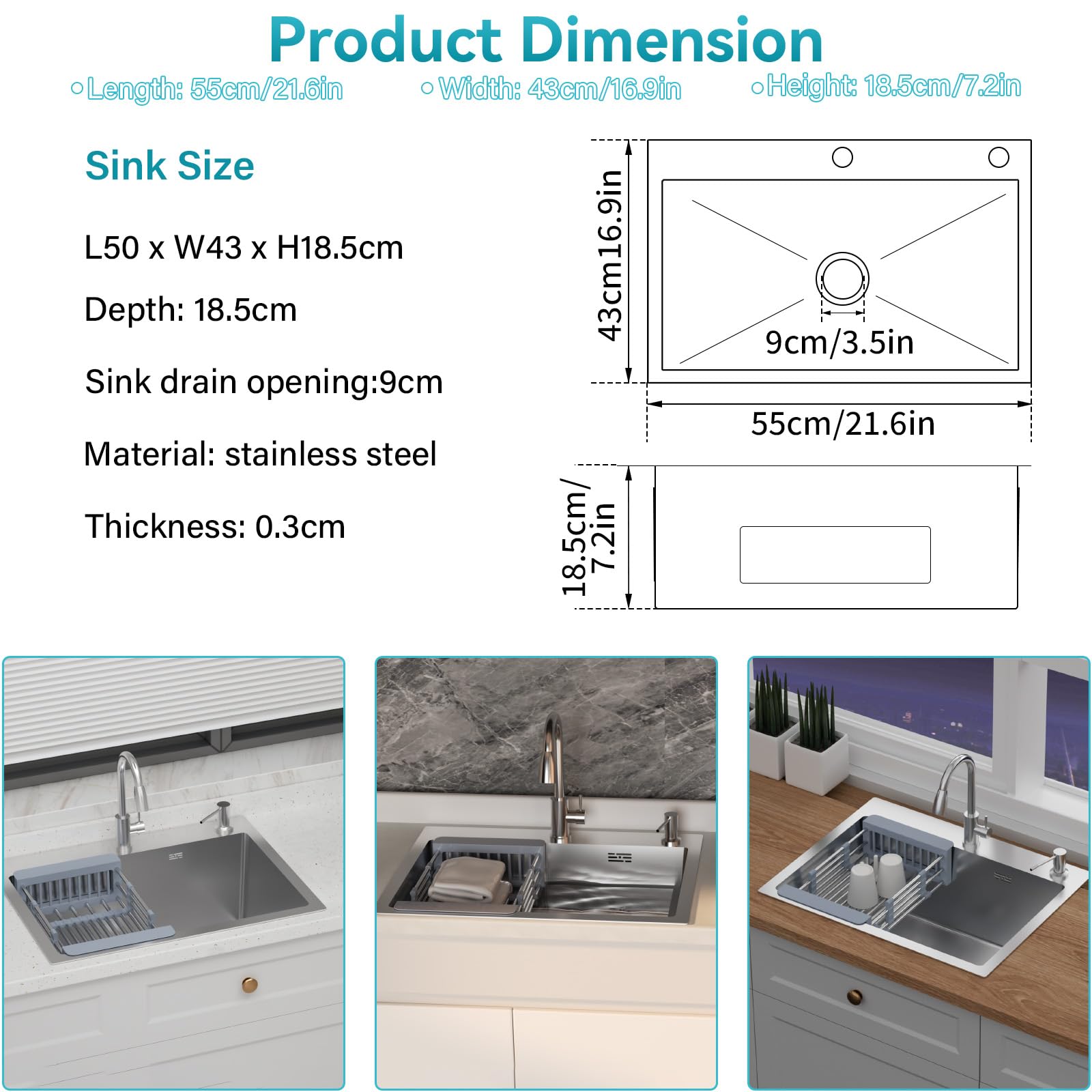 Lavello Cucina in Acciaio Inox 55x43cm, Lavandino da Incasso e Sottotop con Cestello Filtro, Sicrone e Kit Drenaggio Completo