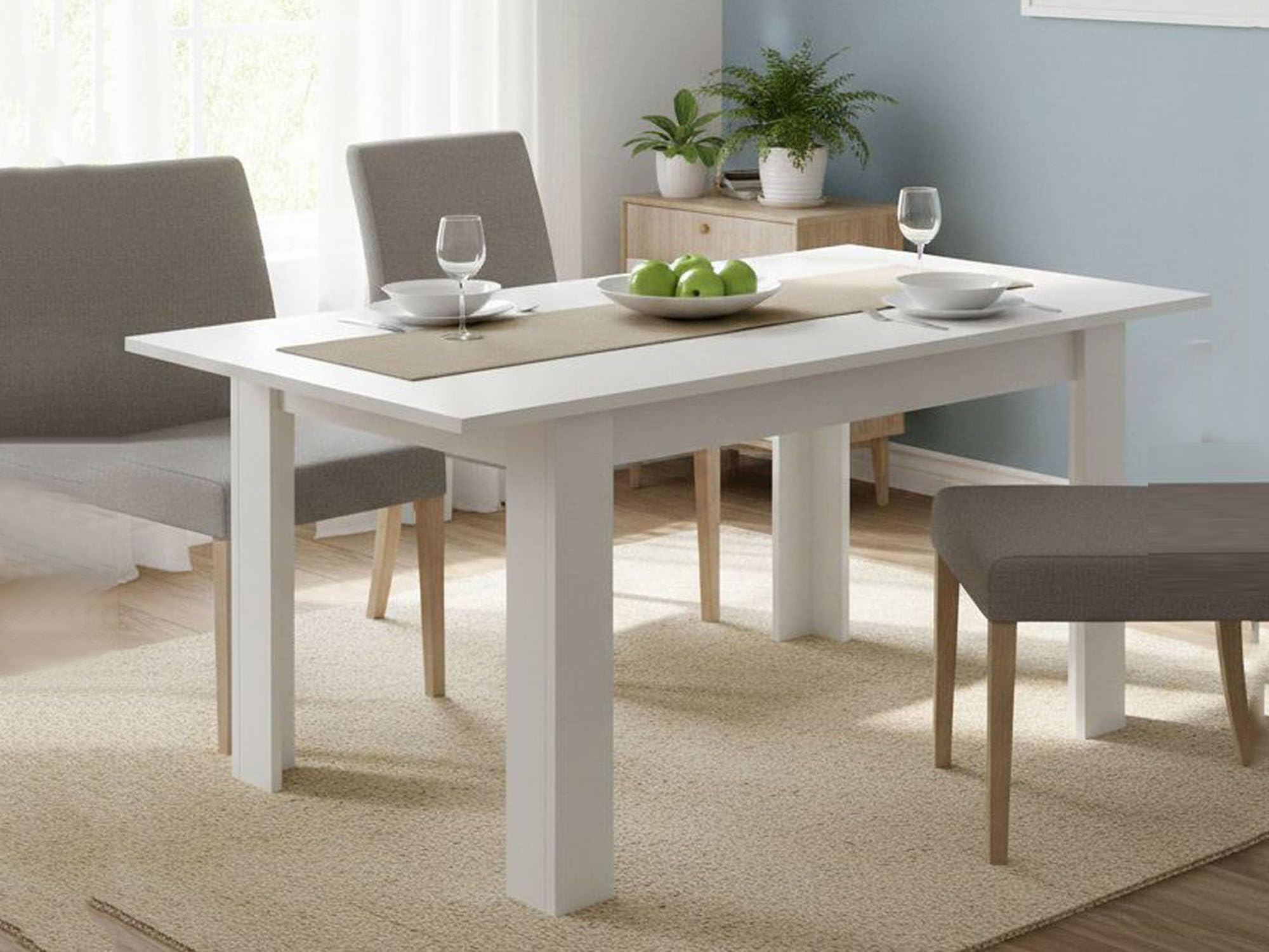 Dmora Tavolo da pranzo Allungabile Caladora, Bianco lucido in legno moderno cucina o soggiorno, Estensibile 6/8 Posti prolunga centrale, 140/190h77 cm