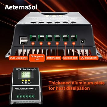 100A MPPT Solar Charge Controller 12V/24V/36V/48V Auto Solar Panel Charge Controller with LCD Display Dual USB Ports,Intelligent Regulator Max 100V Input for Rapid Charging.(100A MPPT)