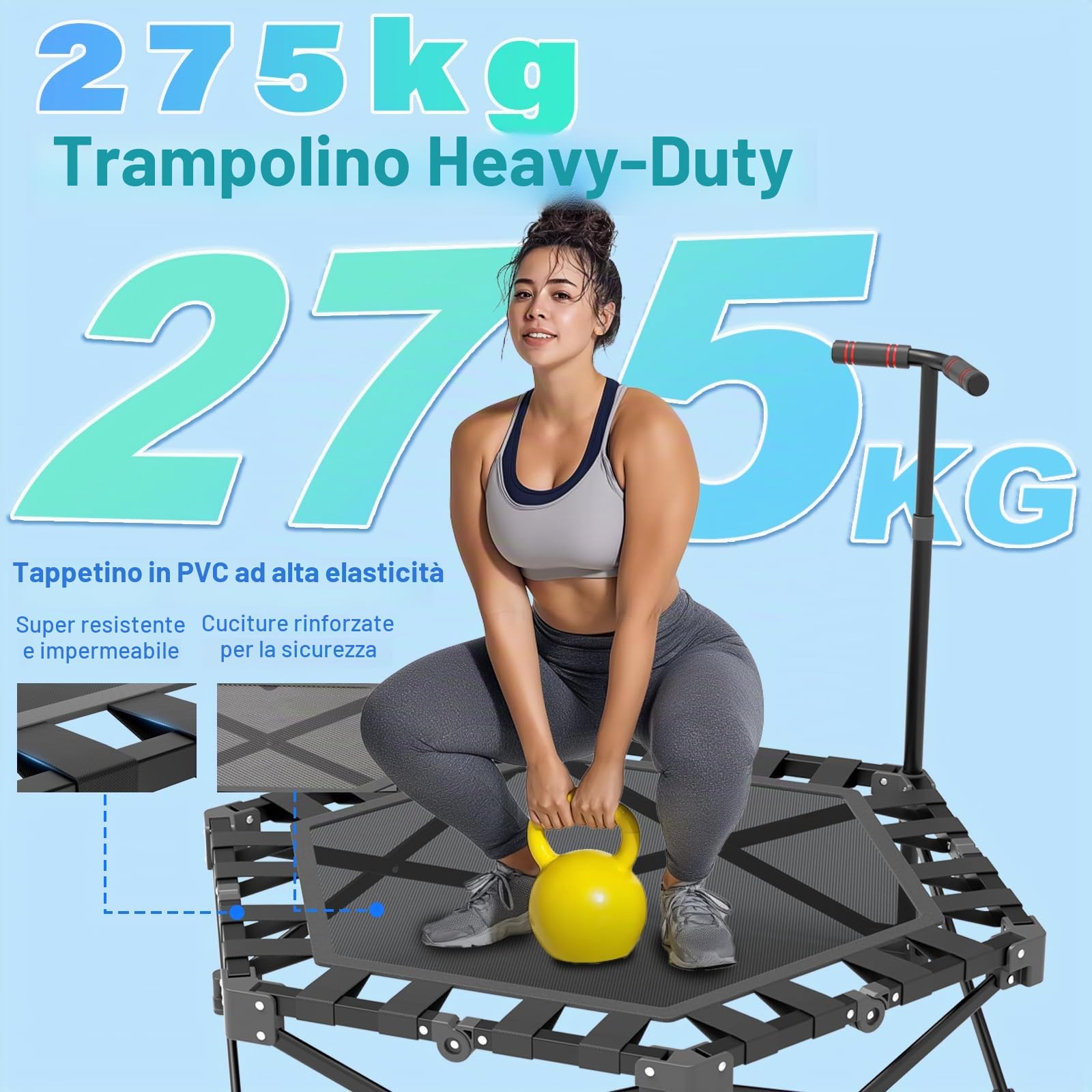 Trampoline Fitness, Mini Trampolino Pieghevole da Interni 106 cm con Manubrio Regolabile in 3 Altezze, Struttura a X Ultra Resistente - Portata Massima 275 kg