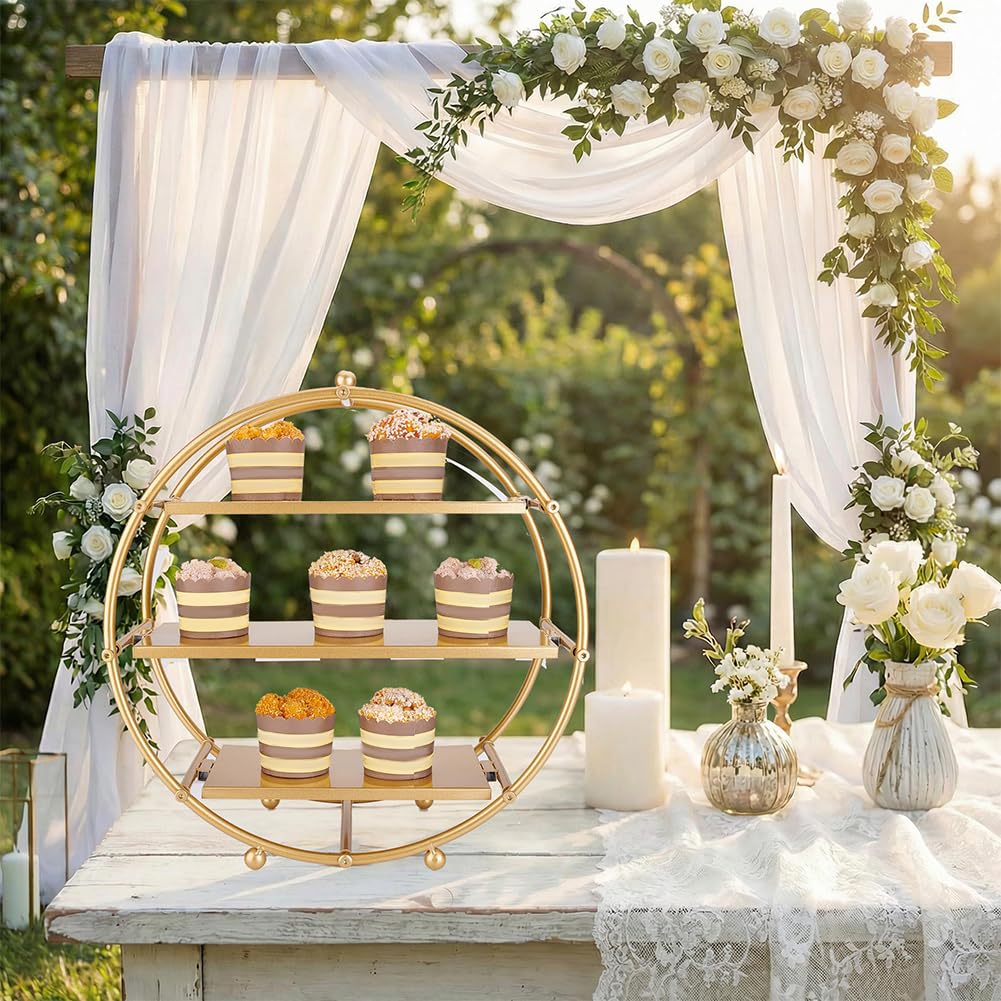 AHANDMAKER Soporte redondo para cupcakes de 3 niveles, 42 cm de alto, dorado mate, contemporáneo, para aperitivos, exhibición de aperitivos para banquetes de boda, fiesta, mesa, servir