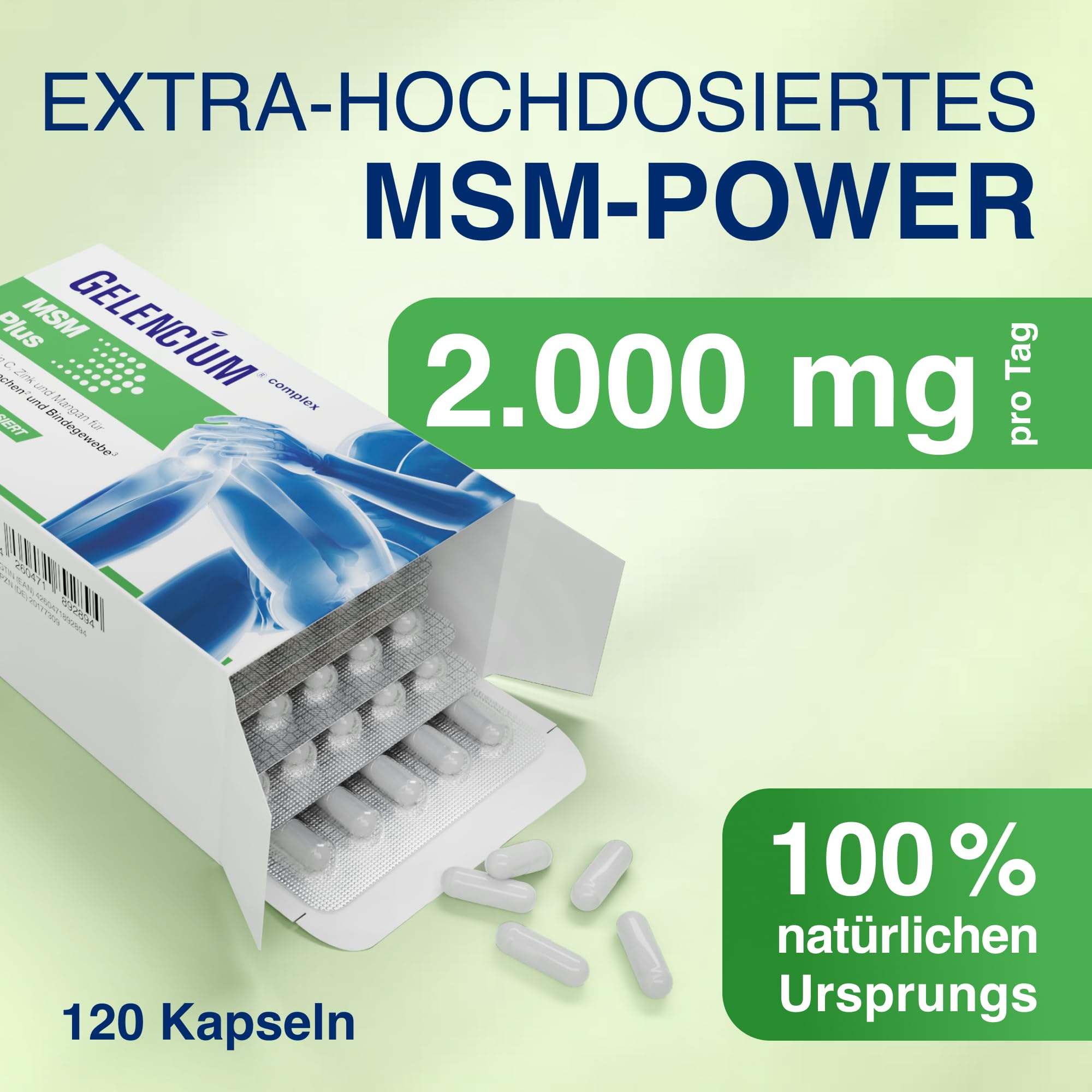 Gelencium MSM Plus hochdosiert – 2.000 mg MSM aus Kiefern – 120 Kapseln | Mit Vitamin C für die Kollagenbildung (Knorpel & Knochen) · 2.000 mg MSM aus Kiefern pro Tagesdosis · Plus Zink & Mangan