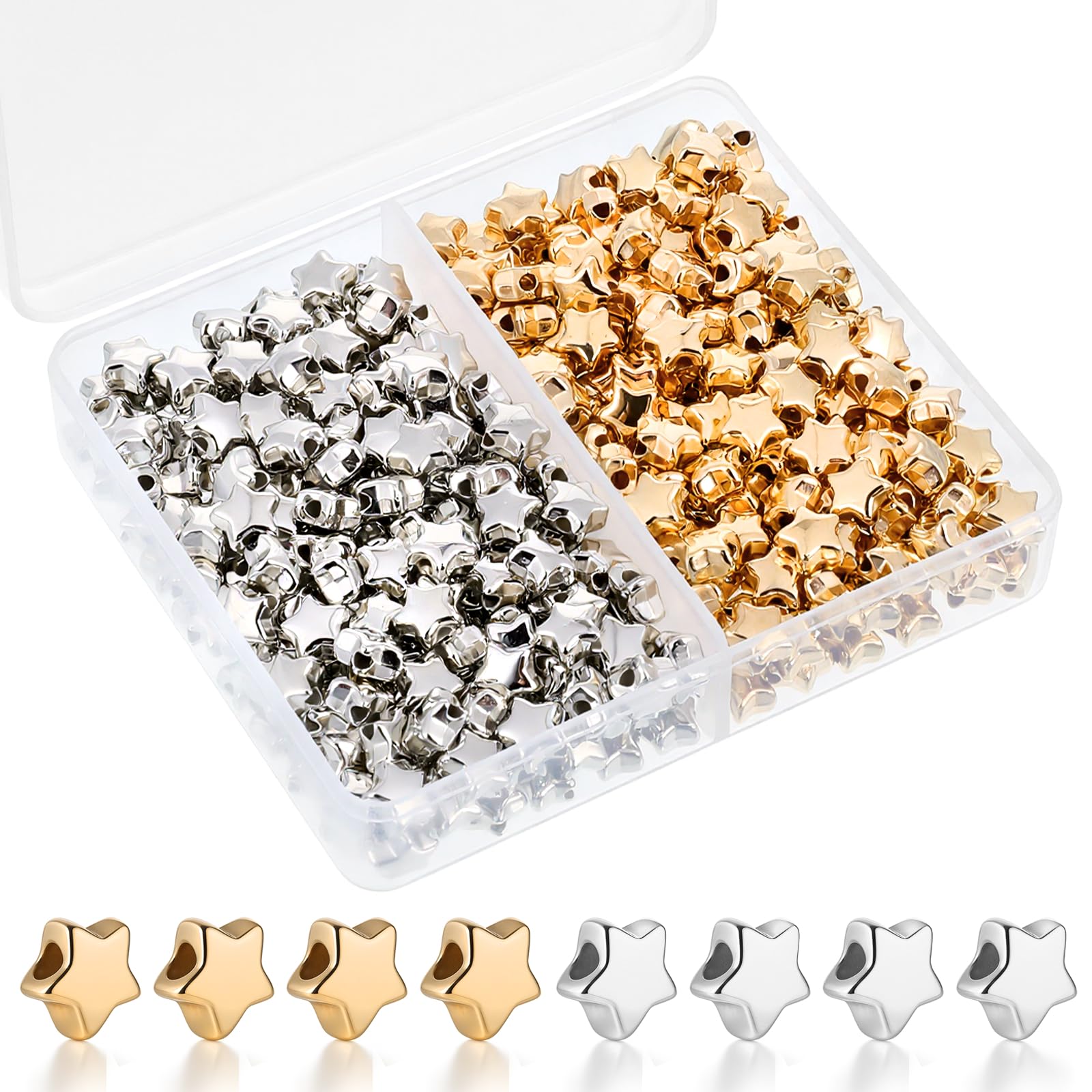 400 Pcs Star Shape Spacer Beads, 6mm Star Buttons for Crafts Large Hole Stars Loose Beads Stars Spacer Bead Jewelry Charm Loose Bead for DIY Bracelet Necklace Jewelry Crafts Making (Gold, Silver)