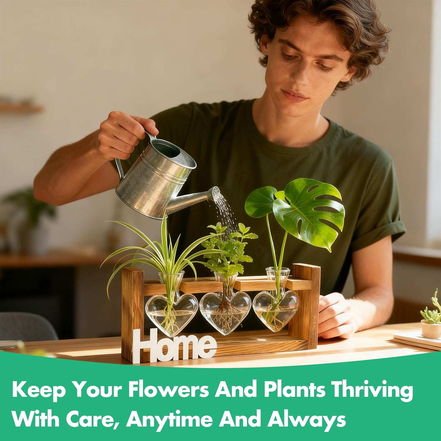 IBEUQEM Heart-Shaped Plant Propagation Station, 3 Glass Plant Terrarium with Wooden Stand, Starter, Propagation Station for Hydroponics Office Garden Home Decor, for Women Lovers - Image 4