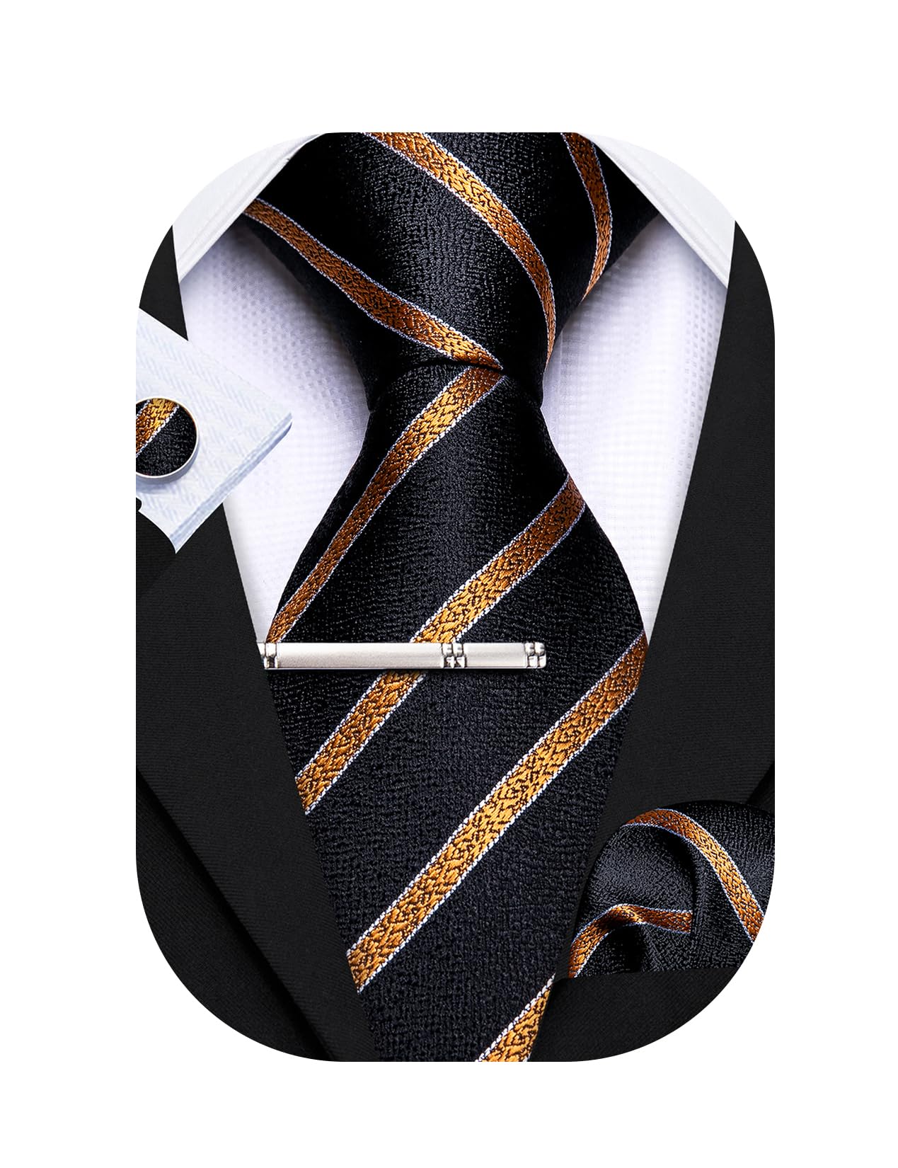 Barry.Wang Men Tie Stripe Plaid Silk Ties Pocket Sqaure Cufflink Tie-Clip 4PCS Set Classic Business Wedding Necktie