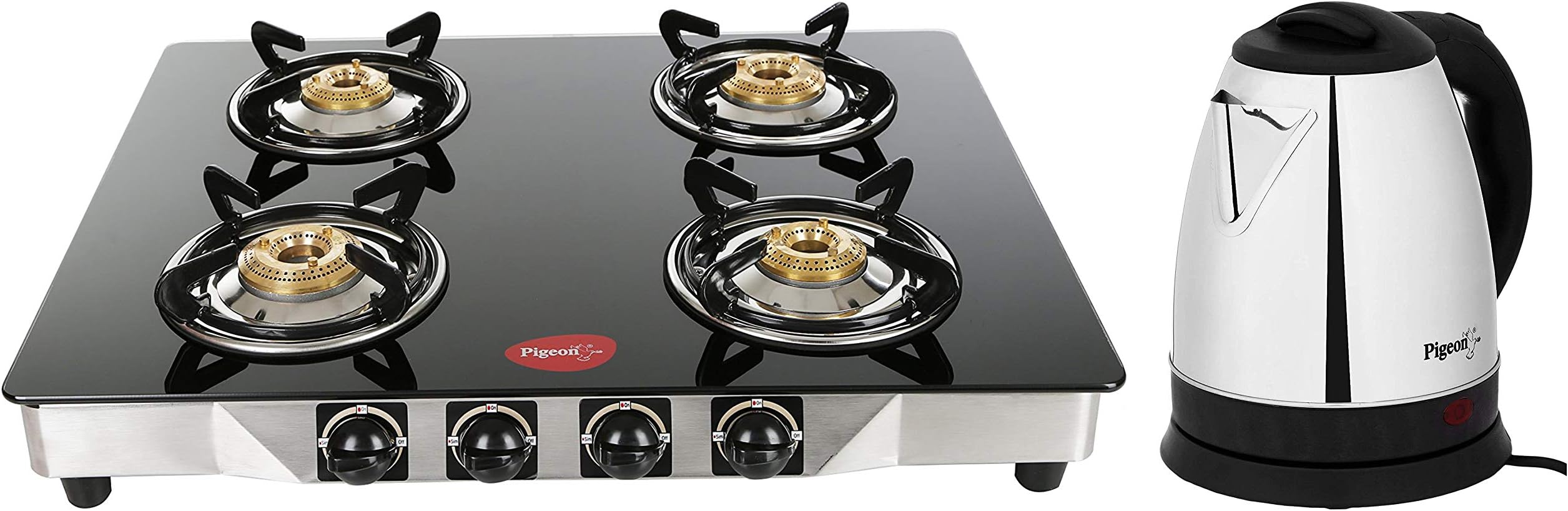 Pigeon by Stovekraft Blaze Blackline Glass 4 Burner Gas Cooktop (Black) & Amaze Plus 1.5 L Electric Kettle, Black Combo