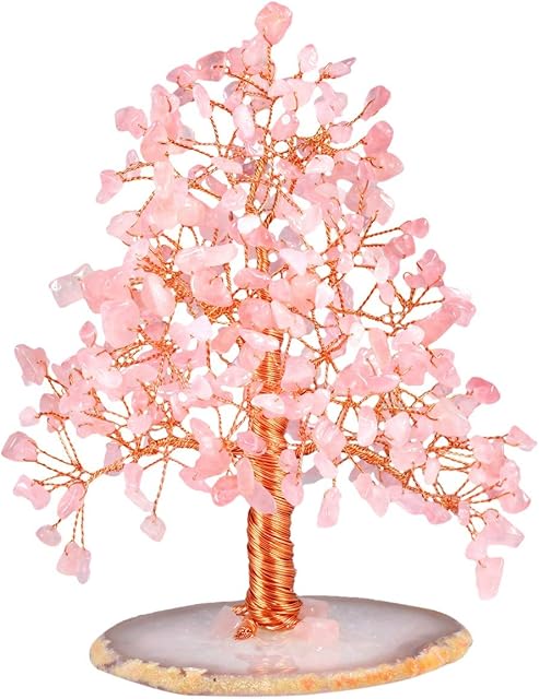 KYEYGWO Handmade Rose Quartz Crystal Money Tree for Good Luck Wealth Health, Figurine Bonsai on Natural Agate Slab 5"-5.9" High