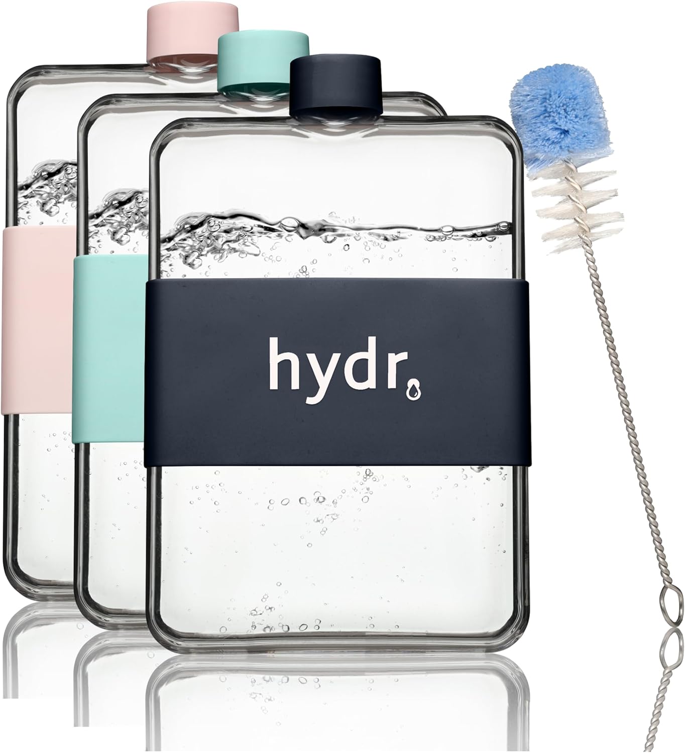 hydr Bottiglia d’acqua piatta da 425 ml per borsa e spazzola per pulizia flessibile | Bottiglia d’acqua quadrata senza BPA | Borracce sottili a prova di perdite e gocciolamenti per viaggi, piccole