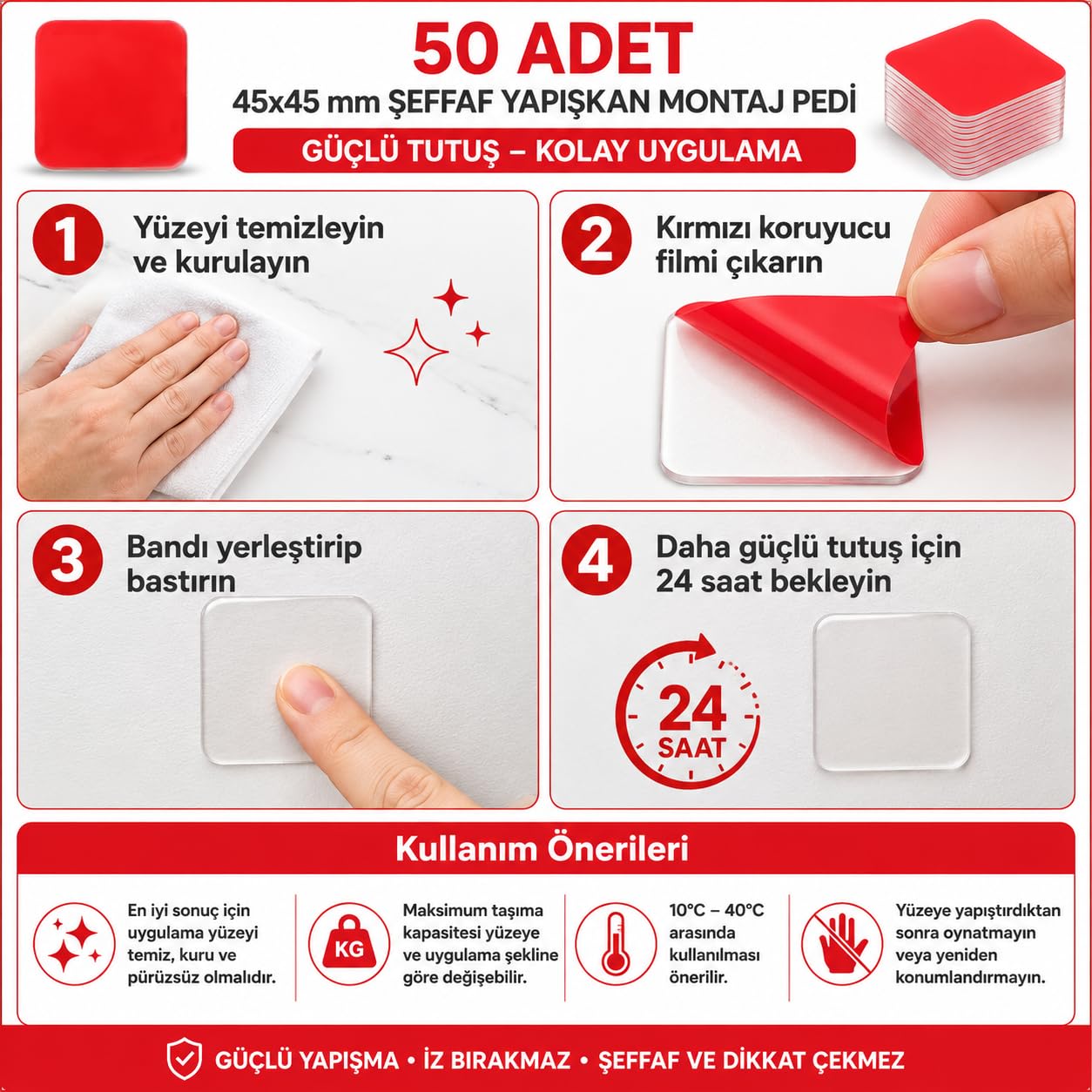 Alper Banyo 50 Adet 45x45 mm Şeffaf Yapışkan Kırmızı Koruyucu Filmli Çift Taraflı Güçlü Yapışkan Bant, İz Bırakmadan Çıkarılabilir Çok Amaçlı Montaj Pedi