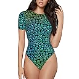 TGFDCCDF Women'S Round Neck Short Sleeve Bodysuit Alligator Skin Printed Leotard Top, Snap Closure