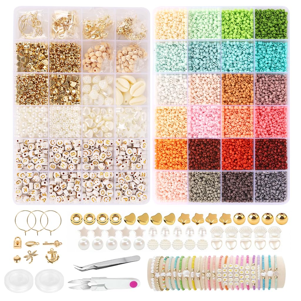 SANNIDHI® DIY Jewelry Making Bead Kit, 24-Color Glass Seeds Beads Set with Letter Beads, Pearl & Shell Beads, Gold Charms, Findings, String & Tools for Bracelets, Necklaces, Earrings and Anklets-picture-10