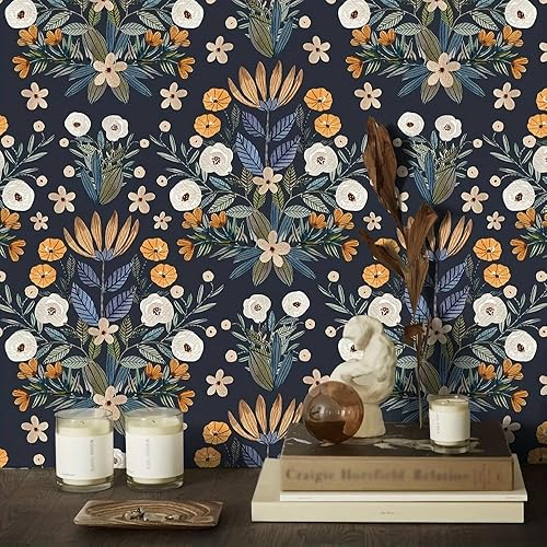 Floralplus Papel tapiz autoadhesivo bohemio extraíble para baño, papel tapiz floral oscuro, papel de contacto floral con hojas adhesivas para