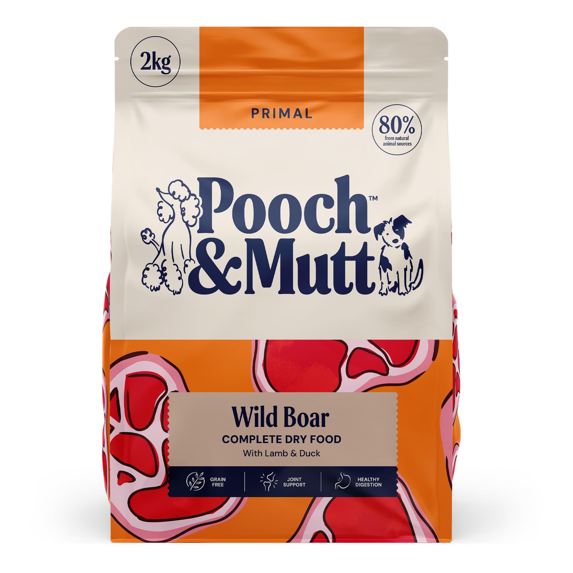 Pooch & Mutt - Primal Dry Dog Food (Regular Sized Kibble), Grain Free High Protein Dog Food, Wild Boar Lamb and Duck, 2kg