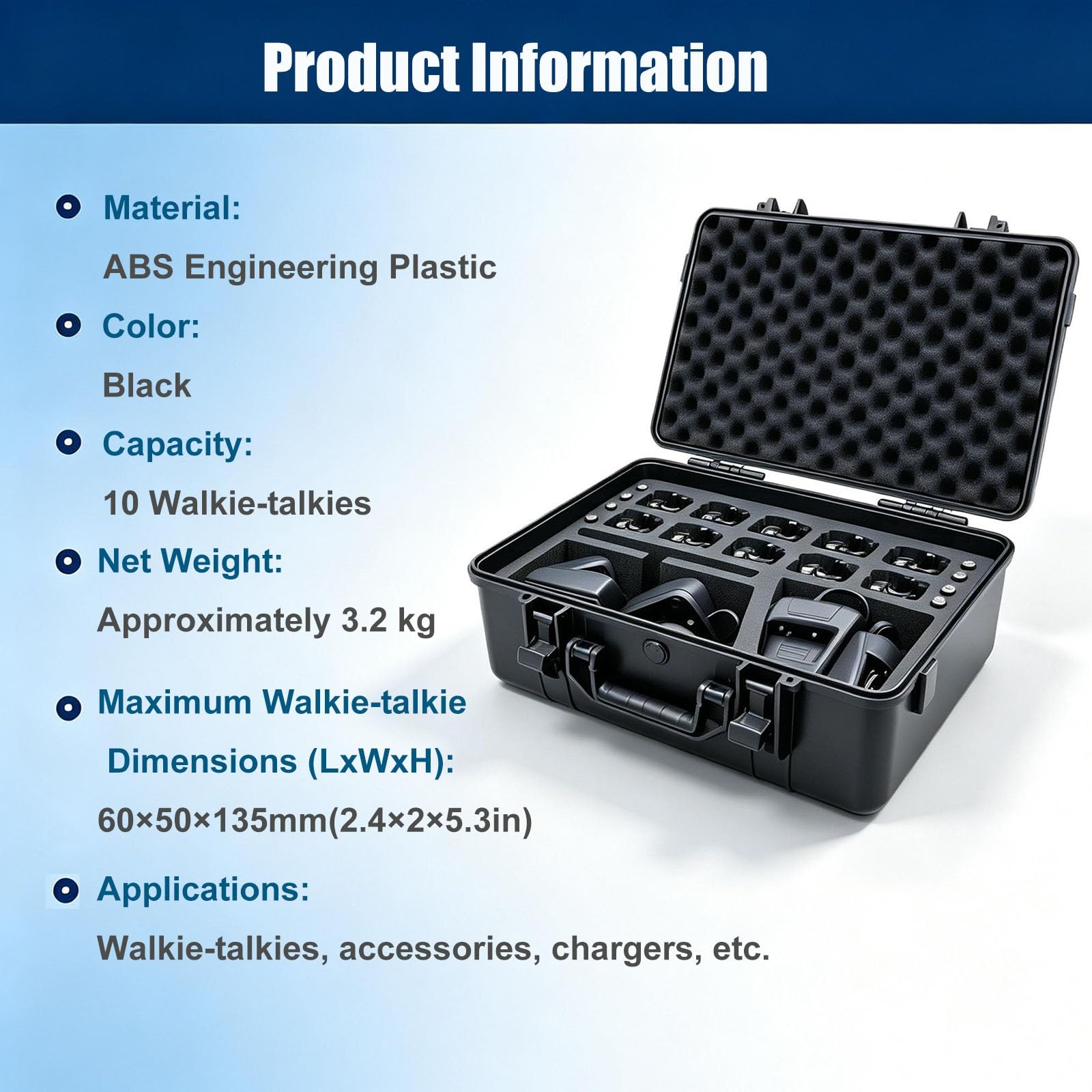 Custodia robusta e resistente per 10 dispositivi walkie-talkie | Organizer da trasporto con scocca rigida in plastica ABS, Custodia protett(Black)
