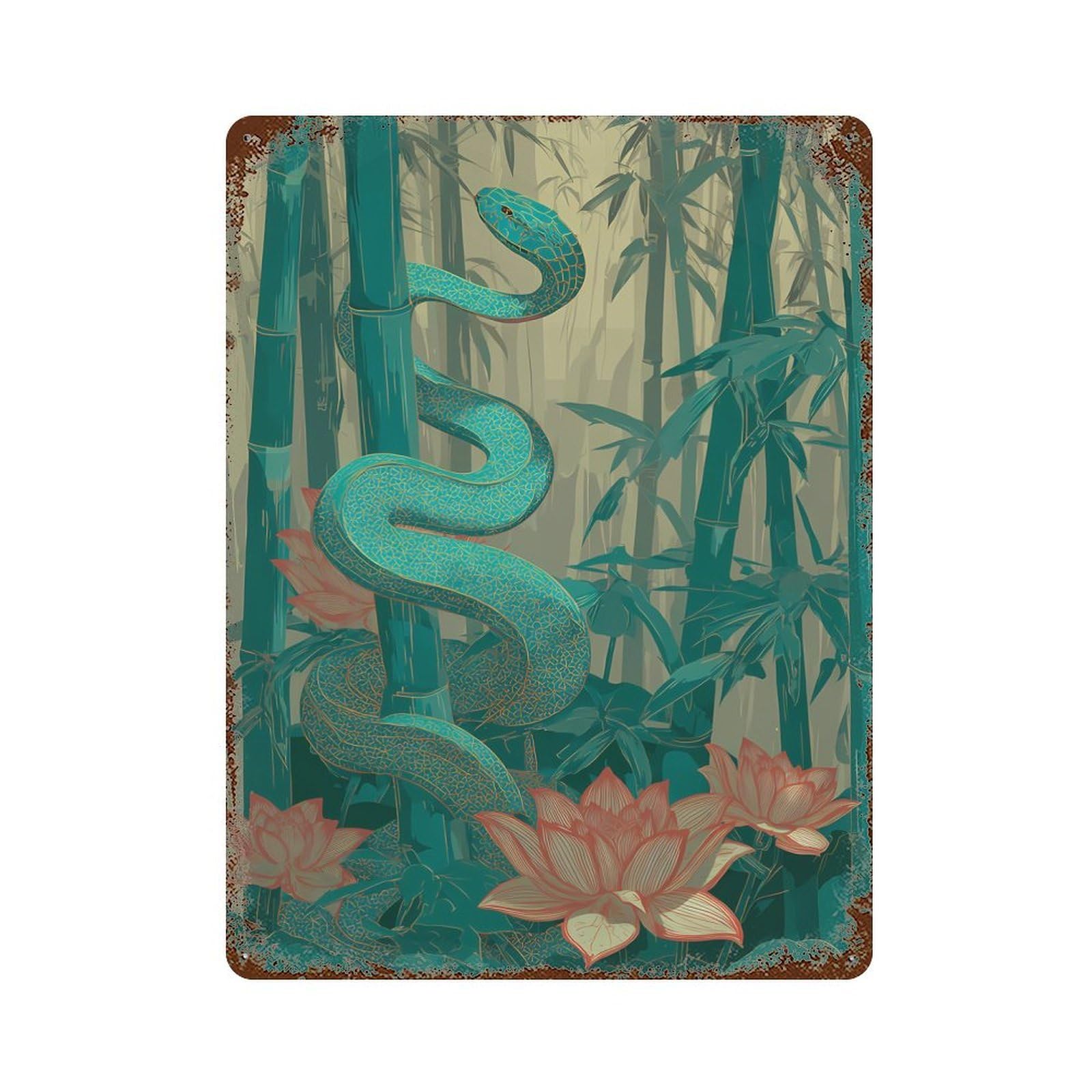 Snake in Bamboo Forest with Lotus Retro Metal Sign 15.7"x11.8", Shabby Chic Decor for Bistro, Counter And Cafe Decor
