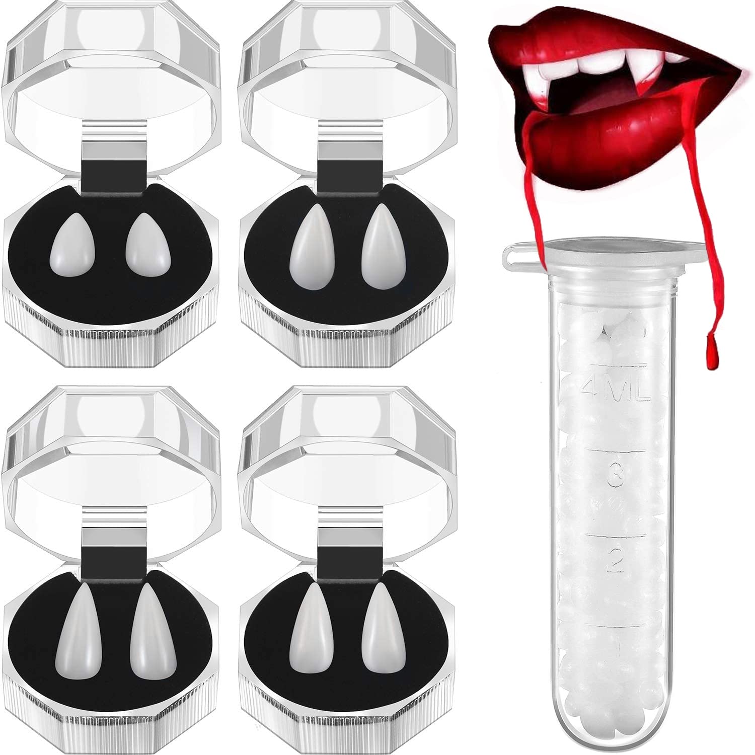 UAEJJ Vampire Teeth Fangs, Vampire Teeth with Adhesive, Halloween Party Cosplay Vampire Dentures Zombie Ghost Devil Werewolf Teeth Prop, Halloween Party Cosplay Dentures Decor (4 Pairs)