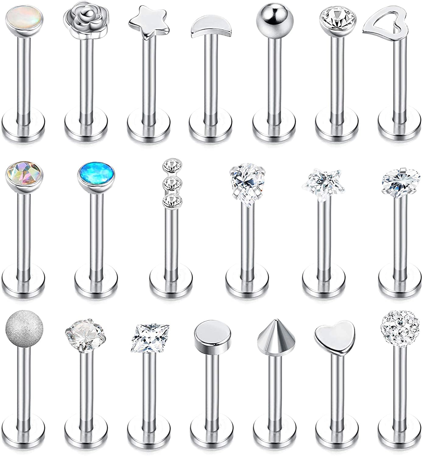 LOLIAS20 Piezas Tragus Cartílago Piercing Helix Stud Pendientes para Mujer Hombre Piercing Oreja Labio Nariz Acero Inoxidable CZ Bolas Corazón Flor Medusa Flatback Piercing 16G