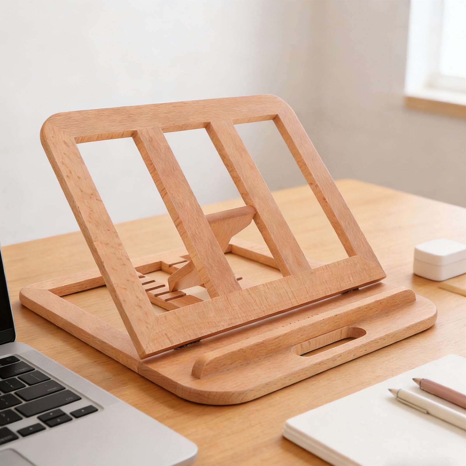 Supporto Ergonomico Regolabile per Laptop 16' in Legno Ventilato con 6 Livelli di Altezza, Stand Portatile per Scrivania Ufficio e Raffreddamento Notebook