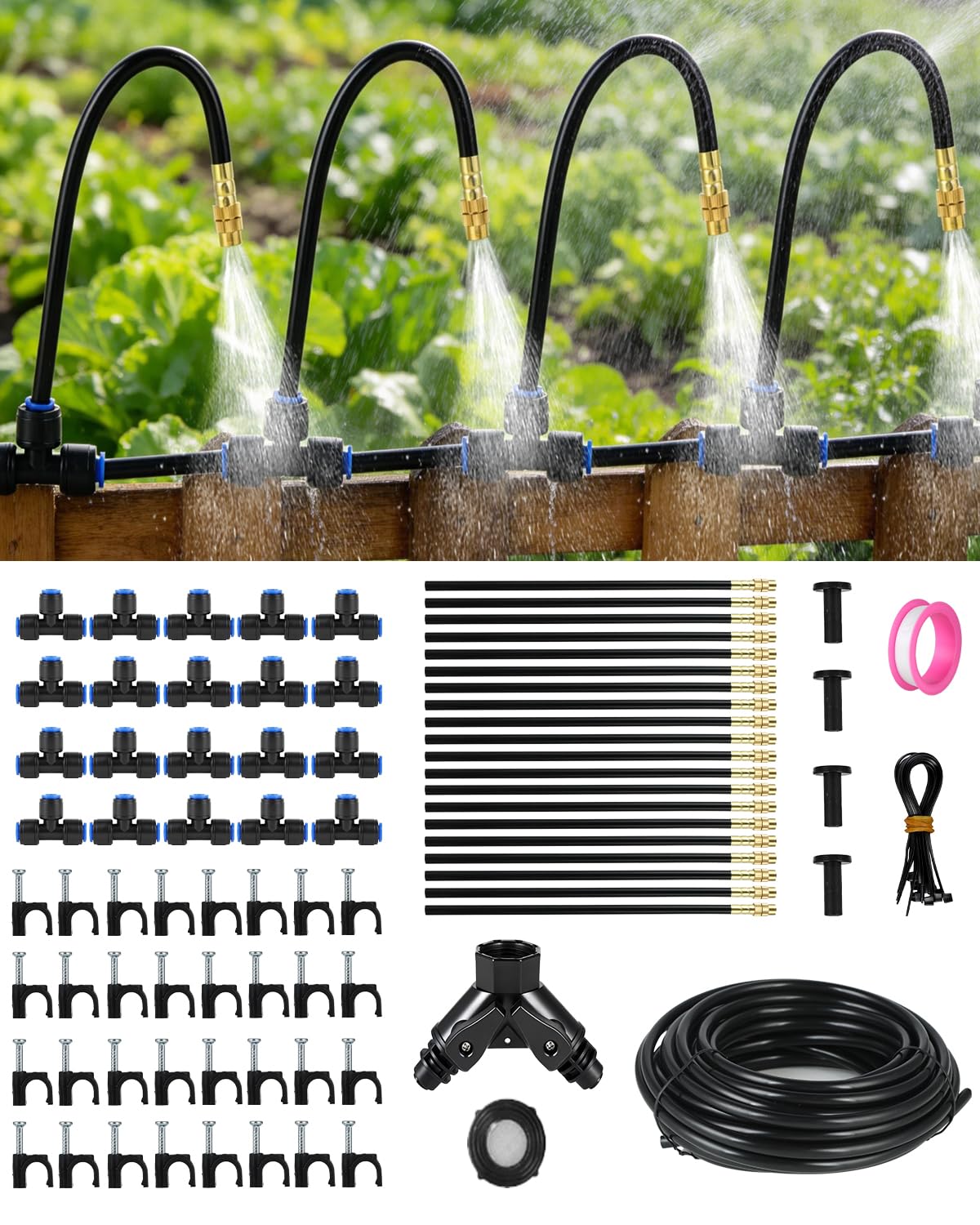 130FT Drip Irrigation System for Garden: 20 Nozzles 1/4" PE Tubing Automatic Watering Kit Adjustable Misting Sprinkler Mister Hose for Water Plants Tape Raised Beds Lawn Outdoor Yard Greenhouse