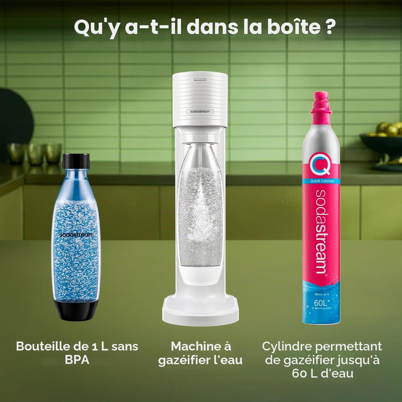 Sodastream Gasatore Gaia blanc idéal pour fabriquer de l'eau gazeuse, comprend une bouteille lavable en machine à laver et un cylindre contenant du Co2