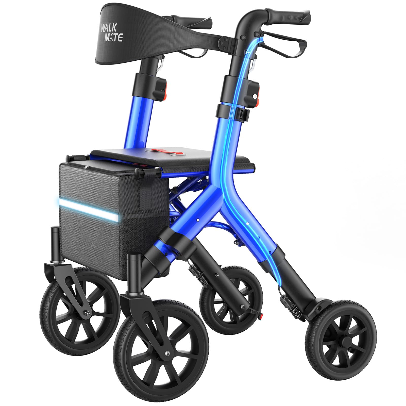 WALK MATE Rollator für Senioren, höhenverstellbarer Sitz, 25 cm Räder, eingebautes Bremskabel, kompakt faltbar, verbreiterte Rückenlehne (160–213 cm)