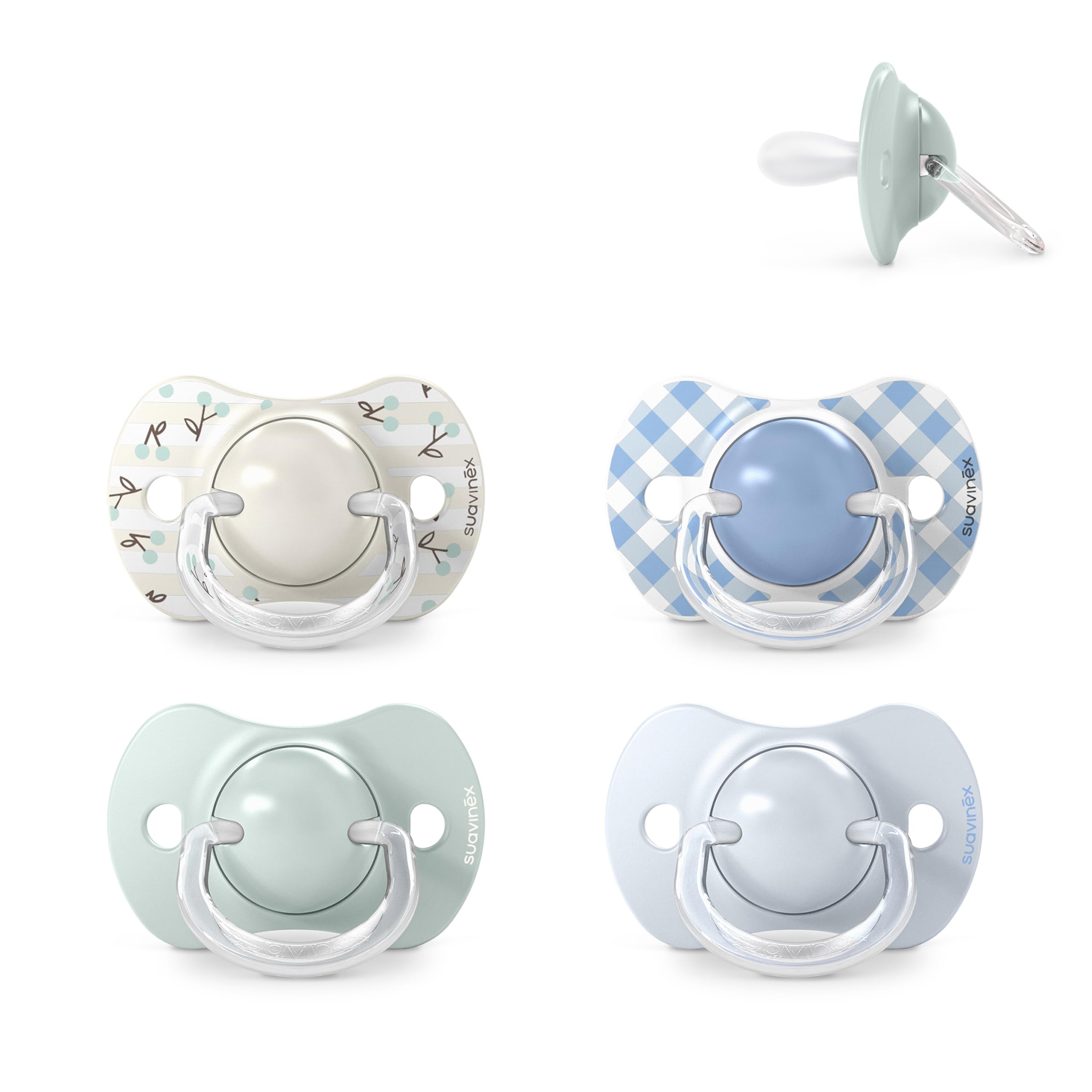Suavinex, 4er-Pack Schnuller für Babys 0-6 Monate und Neugeborene, mit Physiologischem SX Pro Silikon-Sauger Symmetrisch, Flach und Flexibel, Respektiert die Orale Entwicklung, Vert