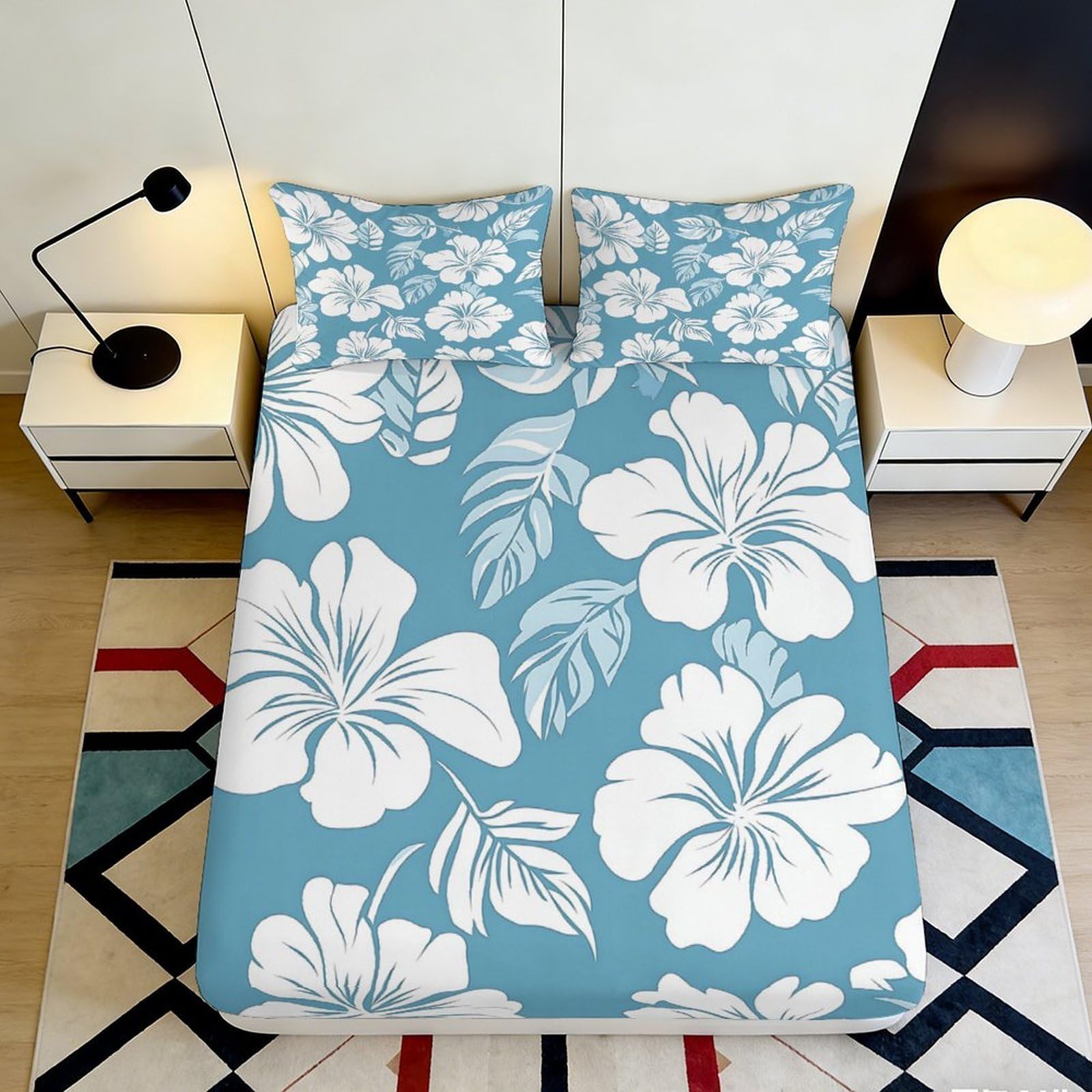 3D Printed Blue Hibiscus Fitted Sheet Microfiber Breathable Floral Mattress Cover for Bedroom Guest Room Easy Care 90x200x25cm