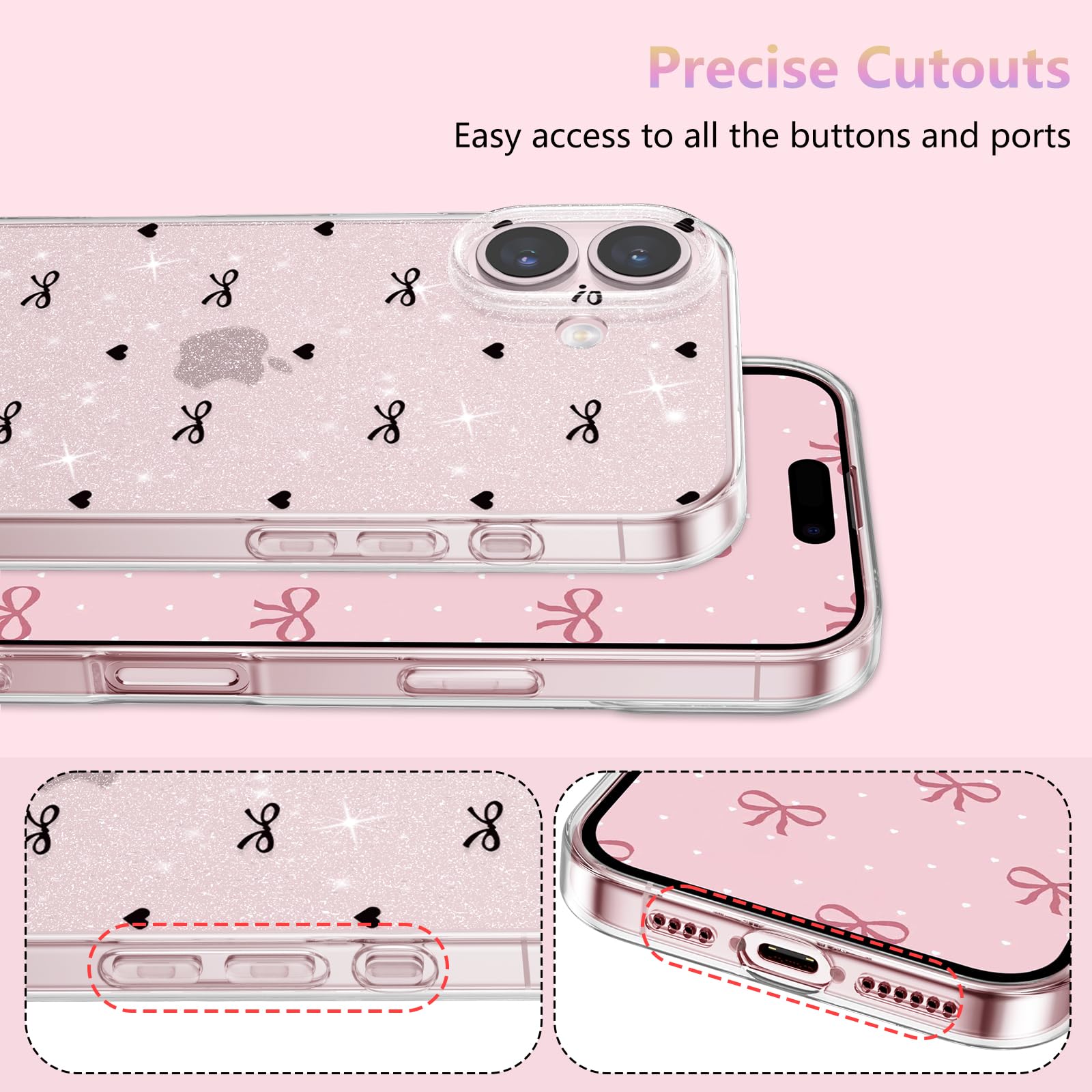 Kmek7-for IPhone 16 Pro Max Case Glitter,Cute Clear Ribbon Bow Tie Aesthetic Phone Case,Sparkly Bling Trendy Soft Shockproof Protective Phone Cover For Women Girls,Multicolor