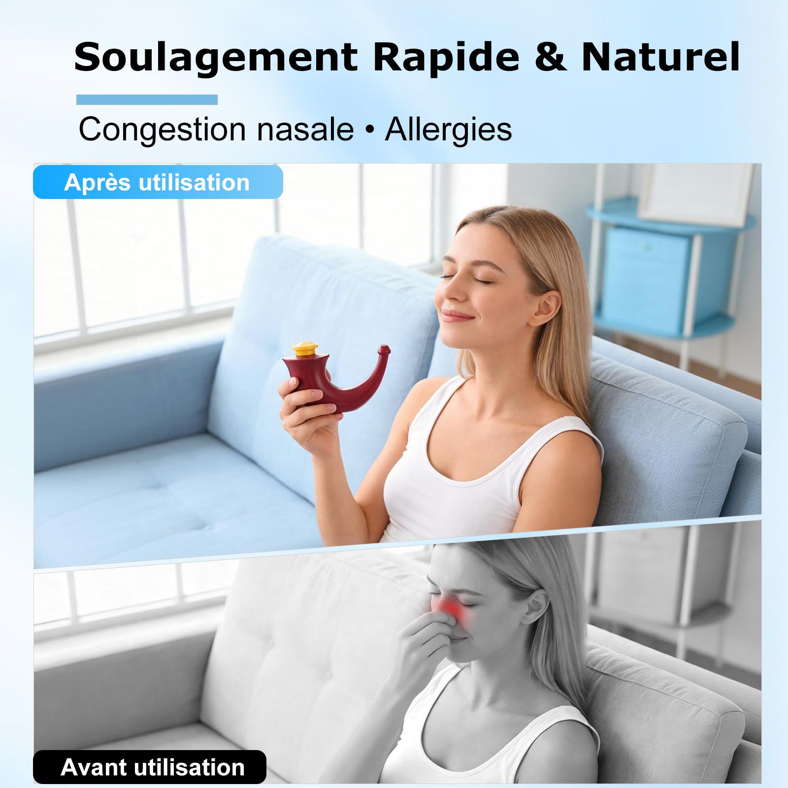 GLEAVI Douche Nasale Douce par Gravité, Pot de Lavage Nez avec Embout Confortable, Rinçage Nasal Quotidien Sans BPA, Facile à Nettoyer pour Hygiène & Yoga, Rouge