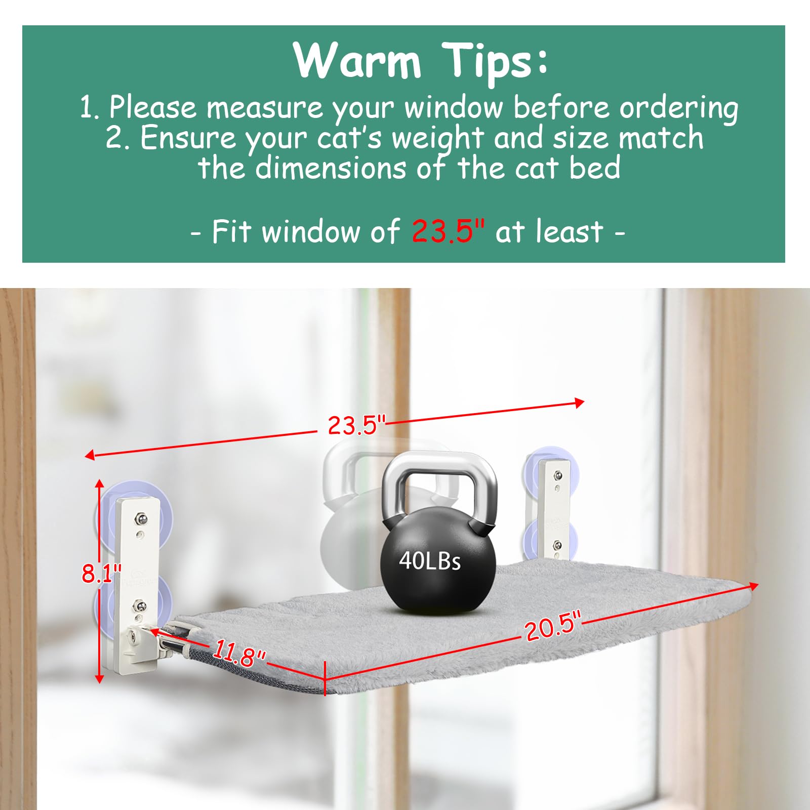 PEFUNY Objet Chat, Cordless Folding Cat Window Barch, hamac pour chat pour fenêtre et mur, avec 4 ventouses, cadre stable pour fenêtre en verre et murs intérieurs (gris moyen)