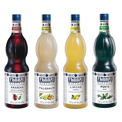 Paquete variado de jarabes aromatizantes Fabbri - Cerezas Amarena, Falernum, Limón, Menta y Botellas de 33.8 onzas