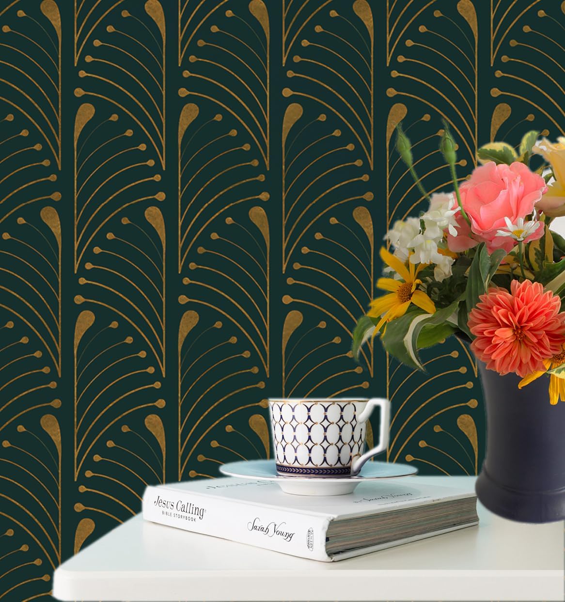 Gold and Green Peel and Stick Textured Wallpaper - Geometric Pattern, Removable Self-Adhesive Vinyl Rolls 17.3''x393.7''