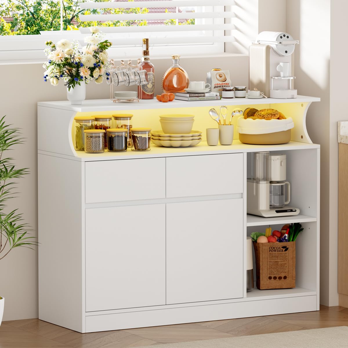 BEWISHOME Credenza cucina, mobile buffet, armadio domestico con multipresa e striscia luminosa a LED, piano di lavoro e 2 cassetti, ripiani regolabili, cucina, soggiorno, 100x80x35 cm, Bianco