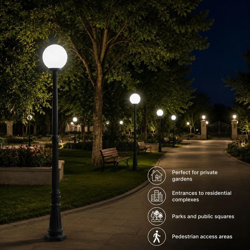 BARCELONA LED Lampa Ogrodowa Kula E27 2,10m IP44 Klasyczna | Ponadczasowy Styl,Dyfuzor Opalowy,IK04,Sześciokątna Podstawa,Odporna Żywica,Ogród Zewnętrzny