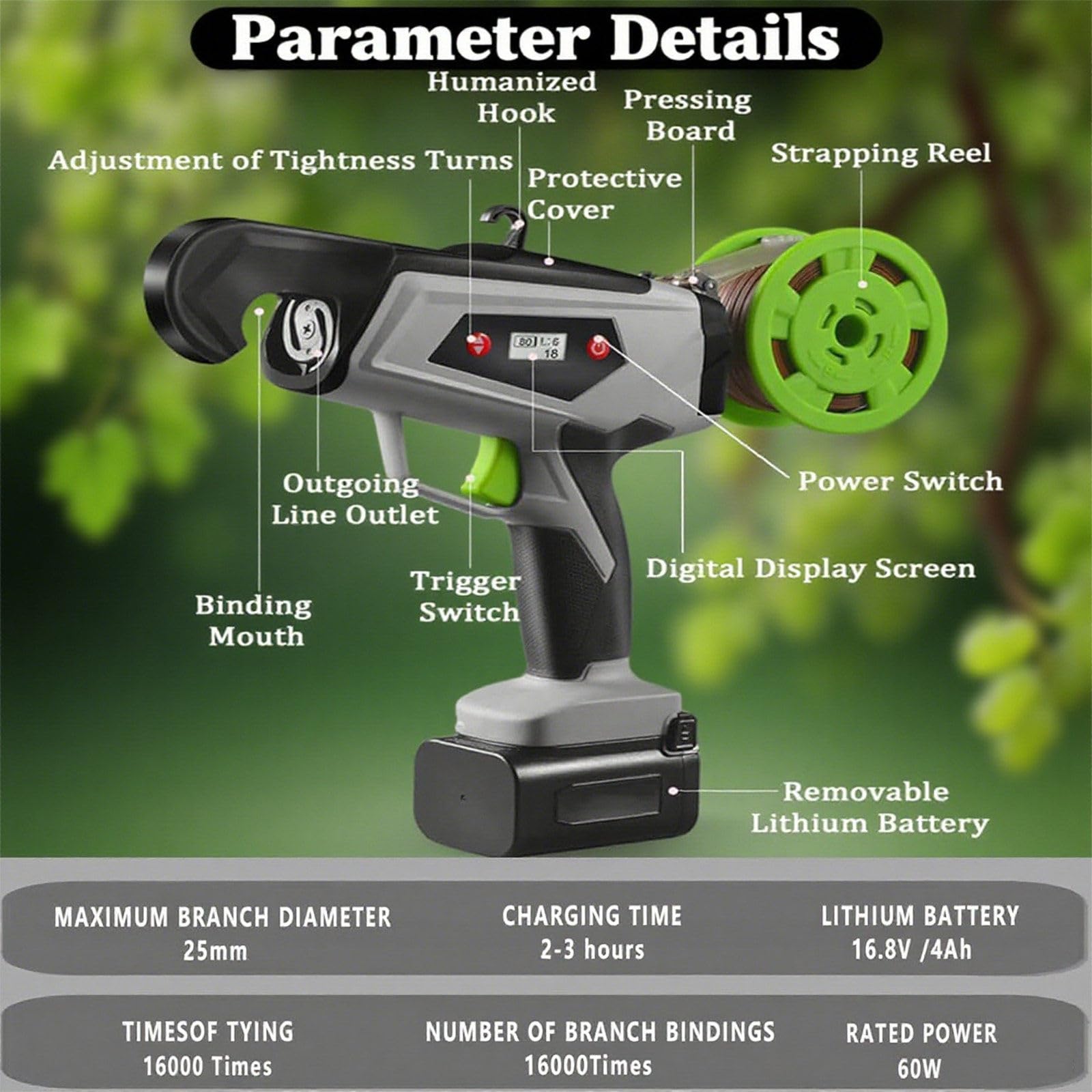 Atadora eléctrica para Plantas, atadora para viñedos, Pantalla Digital, diámetro de Atado de 25 mm, Juego de atadora de Ramas Comercial para Uvas, Tomates y Verduras