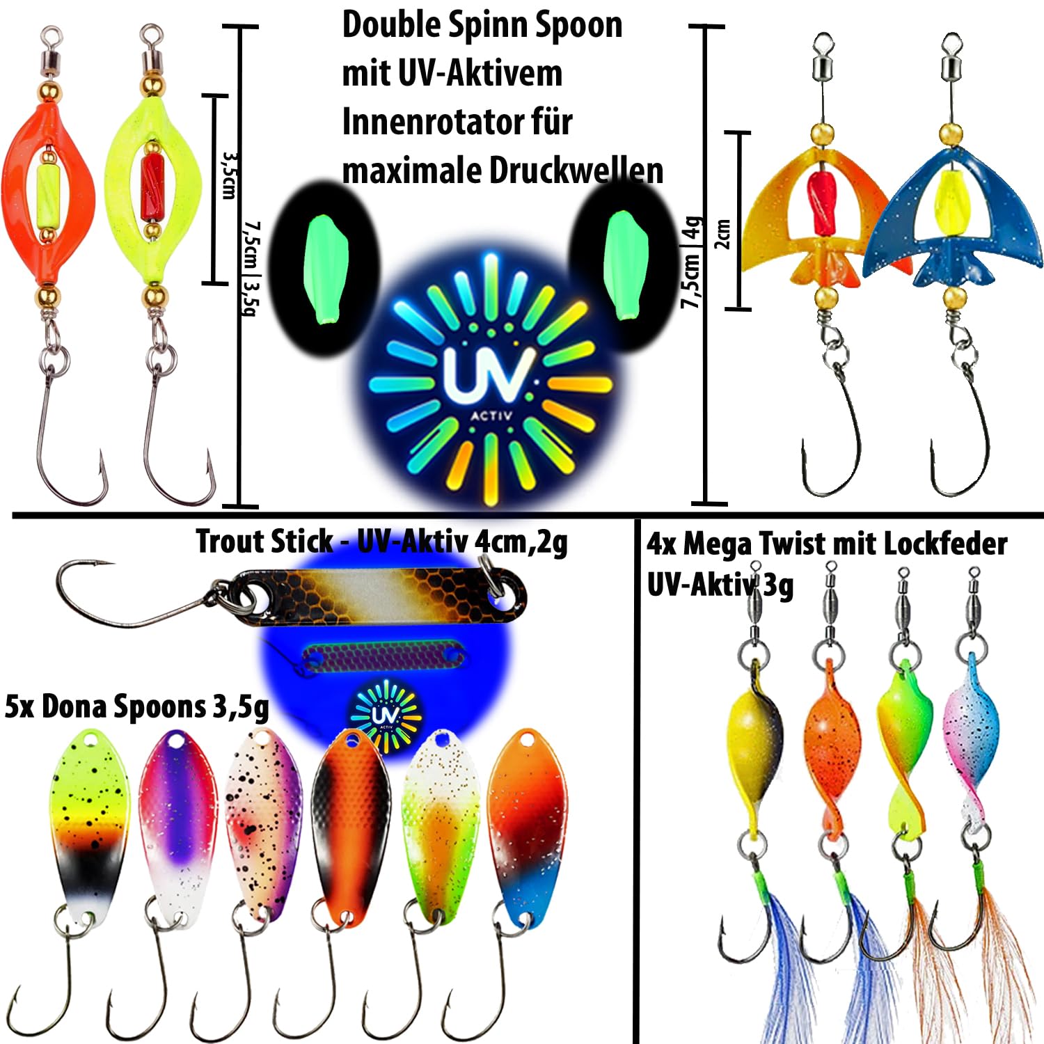 Neu Alle Forellen Köder Neuheiten 2025 in Einer Spoon Tasche | Forellen Set 15 Spoons Forelle 2g, 3g, 3,5g, 4g | Uv-Aktive Forellenköder für jedes Wetter und Wasser | Angelzubehör Trout Spoon Angeln