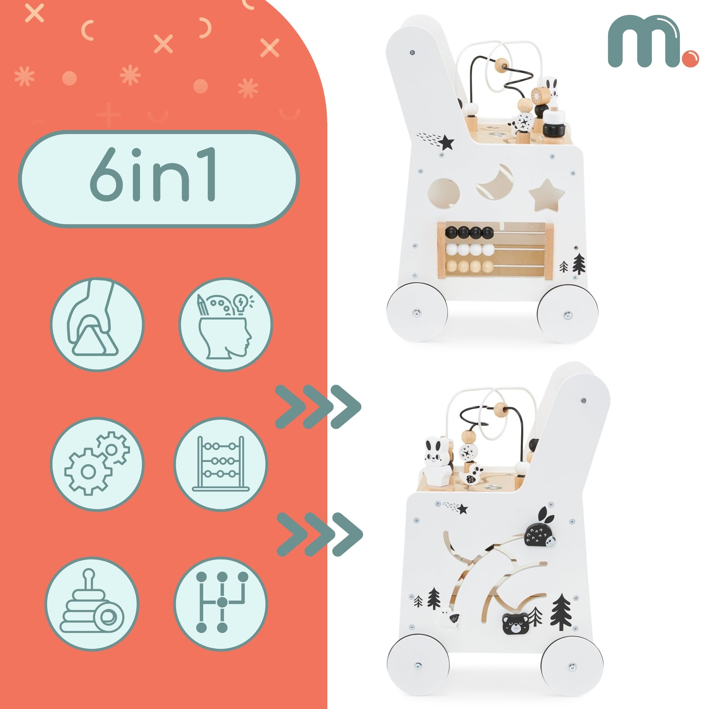 Mamabrum Tapis de marche et trotteur pour bébé 6 en 1 - Table éducative en bois avec abaque, engrenages et jeux - Centre d'activités pour premiers pas - 31 x 28 x 49 cm