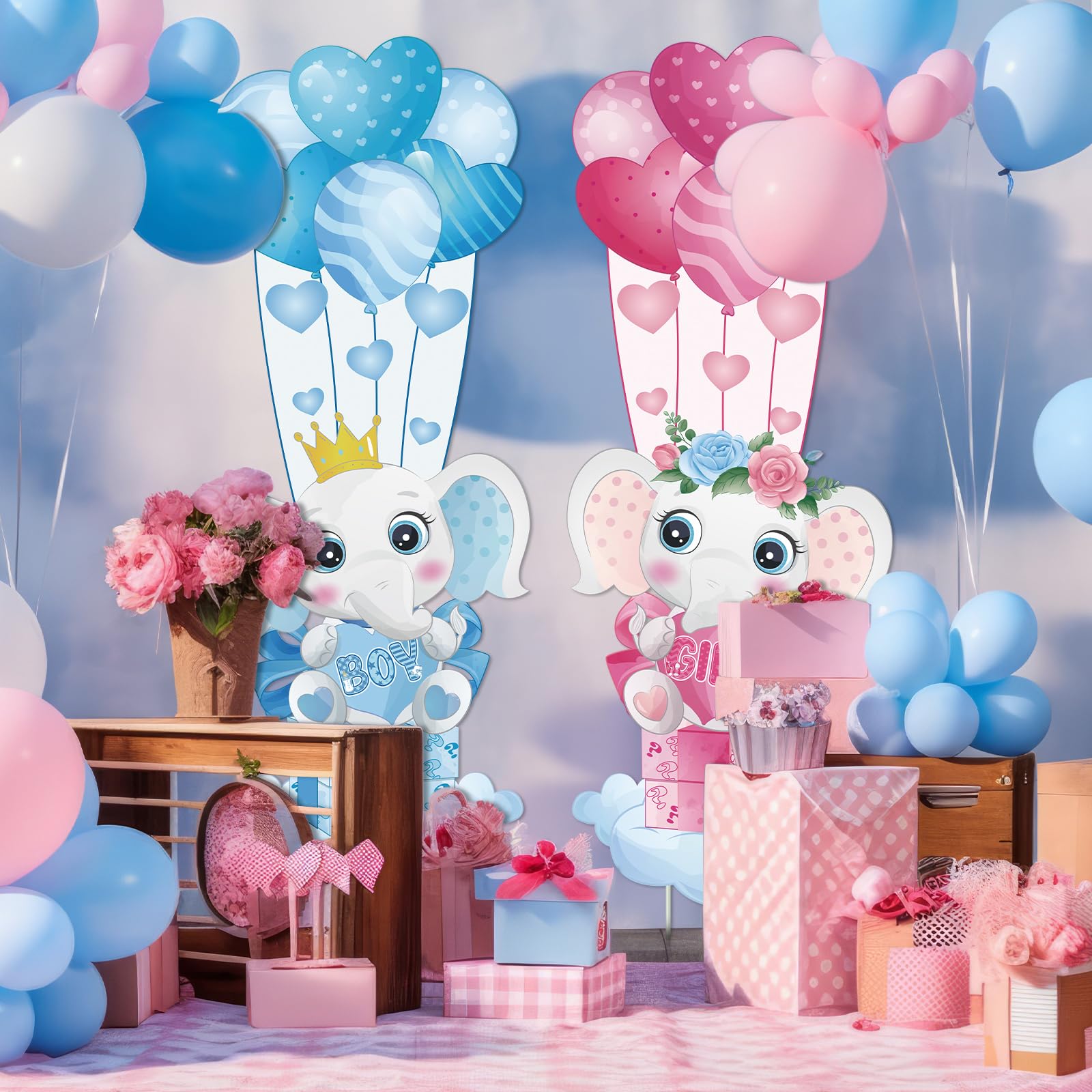 Namalu 2 Sets Gender Reveal Party Dekoration Babyparty Gartenstecker mit Pfählen aus Kunststoff Blaue Rosa Elefanten Deko boy Or Girl Hof Schilder für Willkommen Neugeborene Party