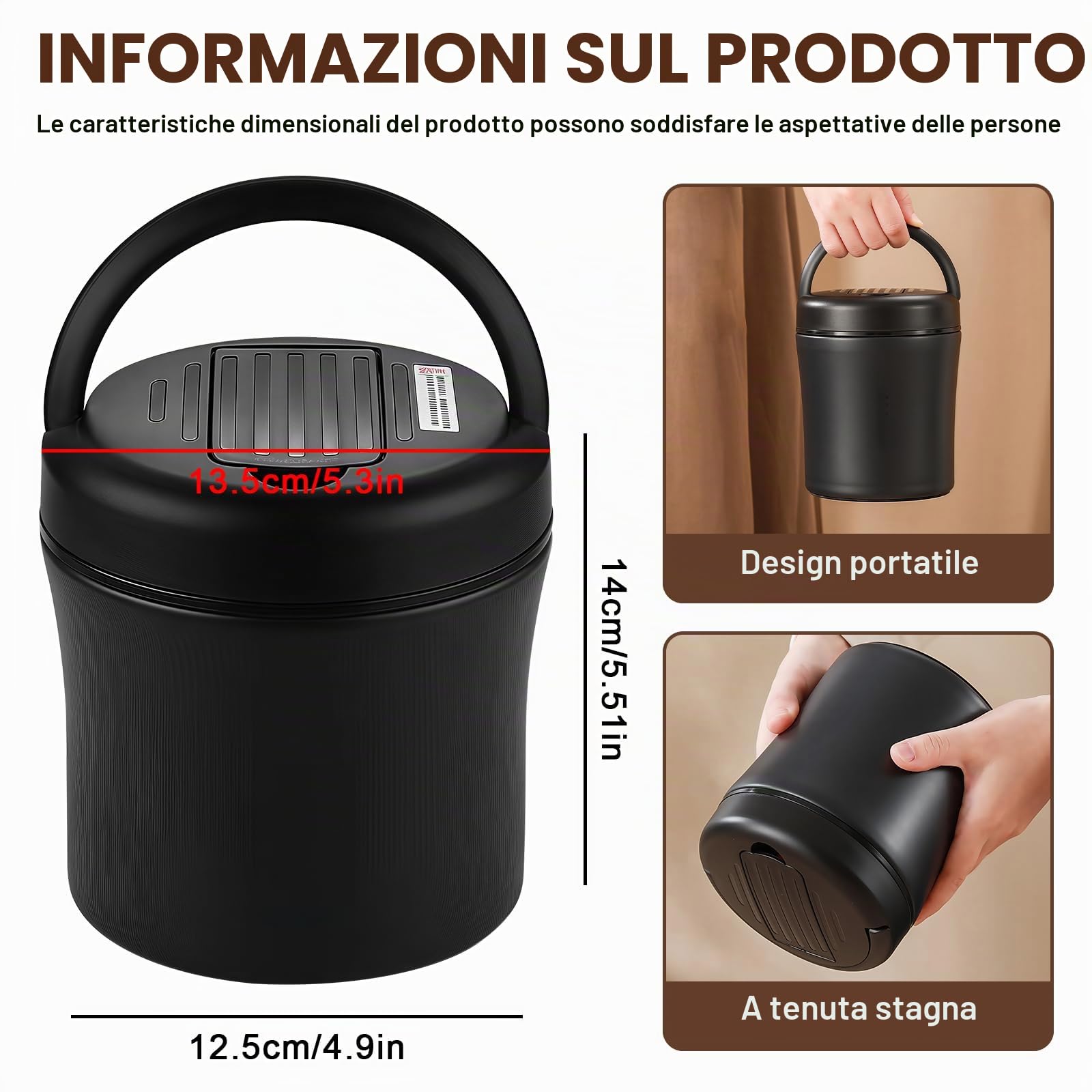Contenitore termico per alimenti: 1,2L Contenitore termico in acciaio inox con coperchio, Thermoskanne a tenuta stagna per alimenti, Lunchbox termica per cibi (Nero)