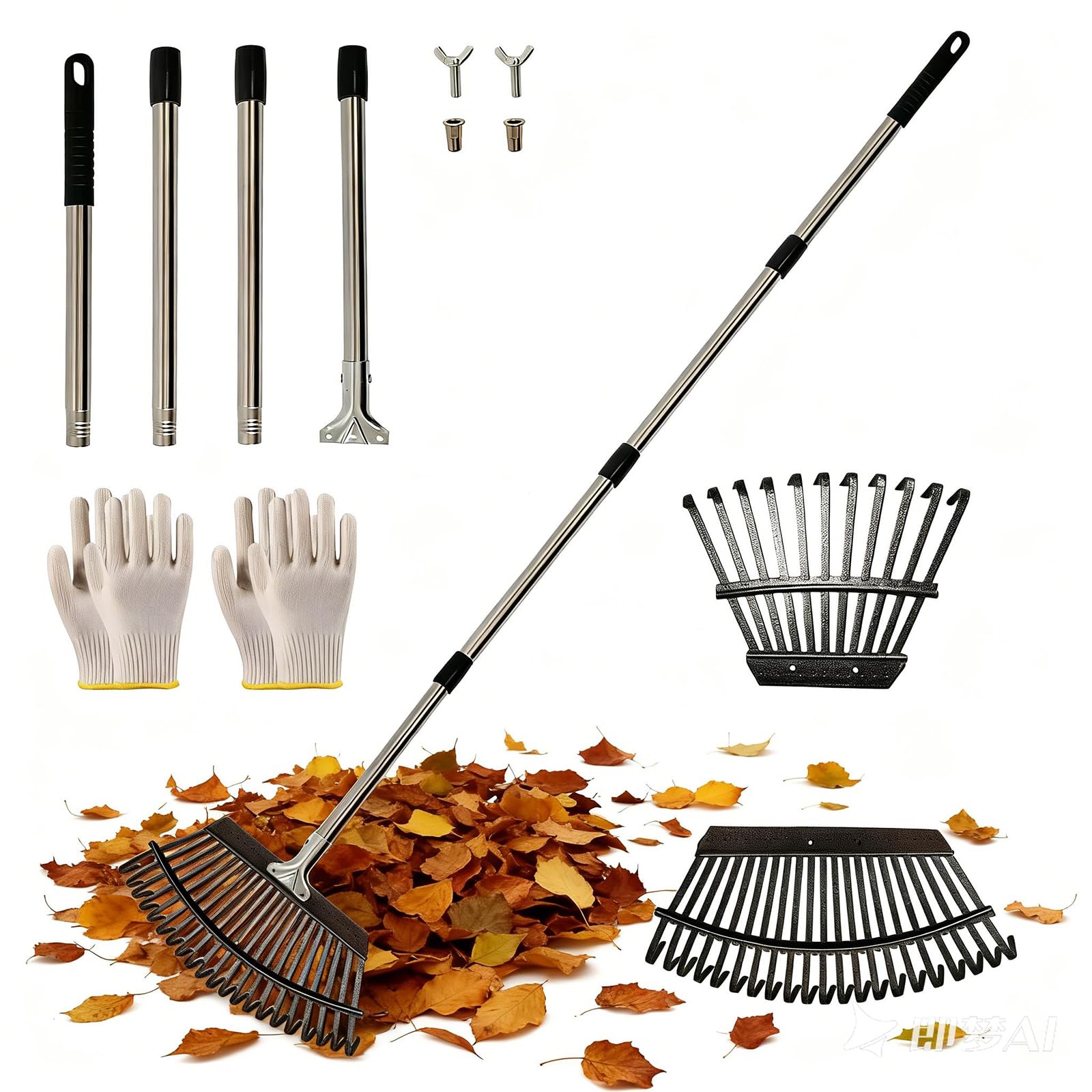 Guiwuiyu Garden Leaf Rake, 2-in-1 Dual Head Rake for Gardening with 25+11 Metal Tines, 47CM Wide Garden Rake Heavy Duty, Grass Rake with 160CM Adjustable Handle for Garden Leaves Yard Weeds‌