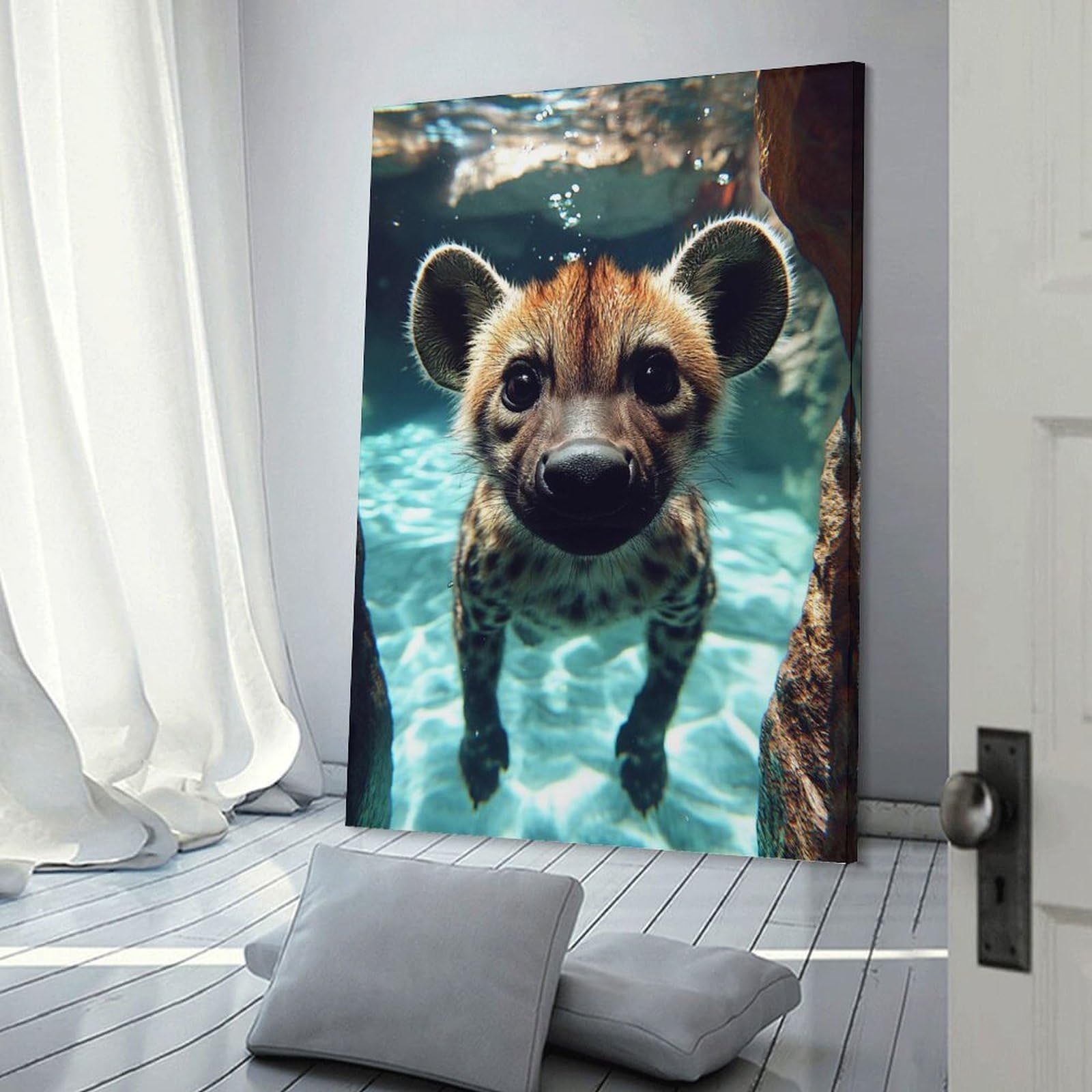 Junmoney Underwater Hyena Cub Portrait Room Decor Wall Art, 20x30inch(50x75cm), for Front Hall, Corridor Or Welcome Spaces, A Neat Decor Update for Hallways