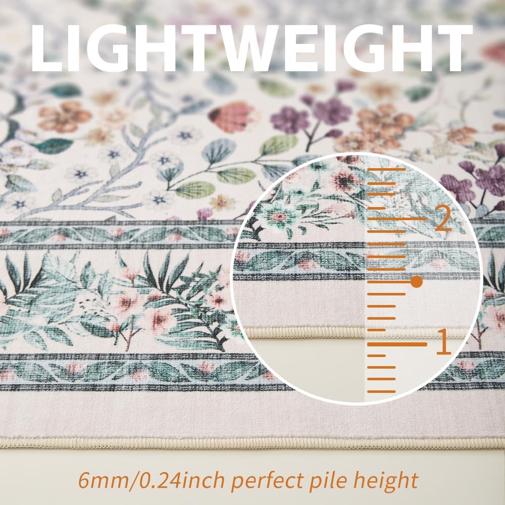 5x7 White Area Rugs for Living Room, Floral Washable Rug Vintage Large Soft Boho Non-Slip Carpet Indoor Floor Stain Resistant Carpets for Bedroom Dining Room Farmhouse Nursery Home Office