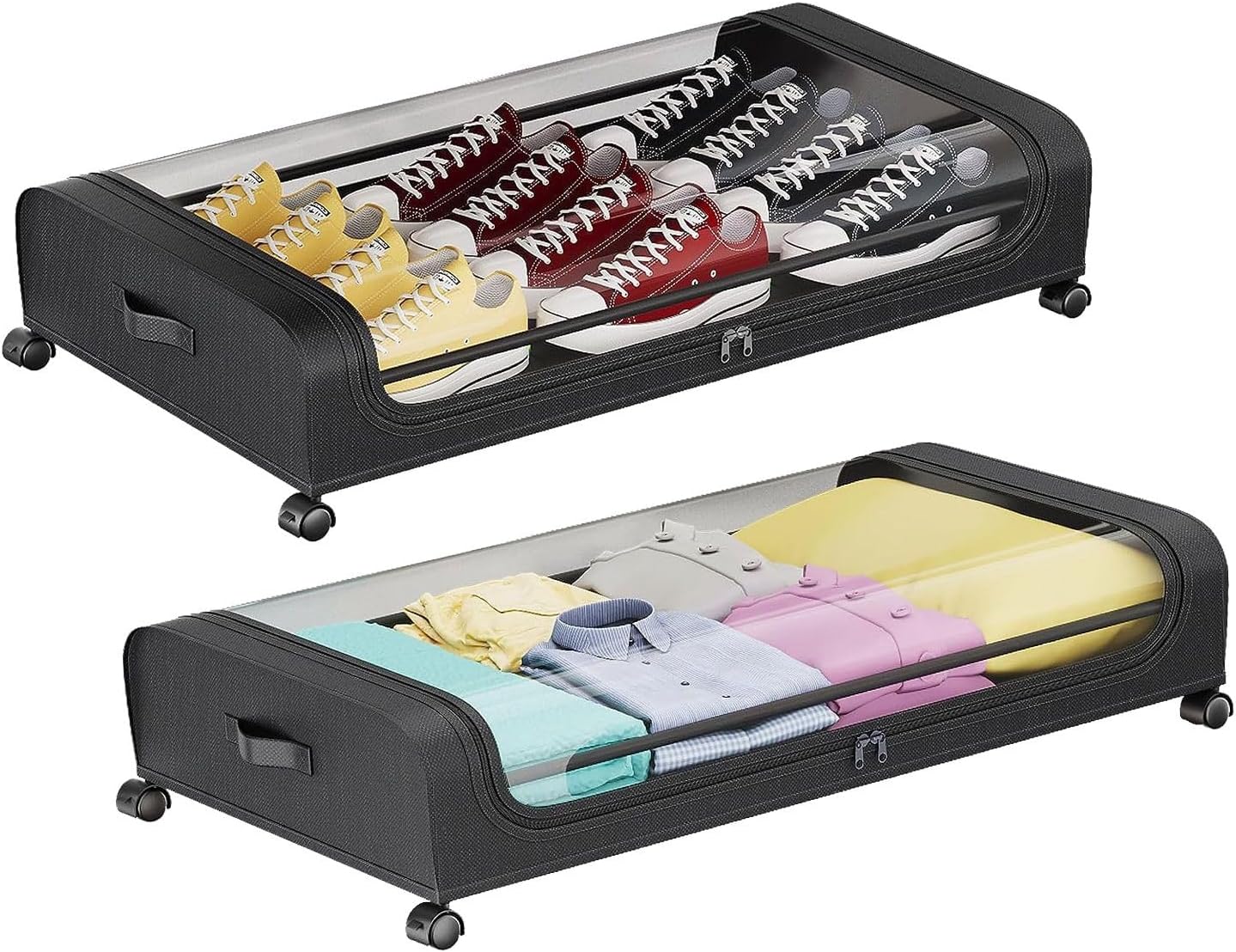 2 Pack Under Bed Storage Containers with Wheels - 42L Clear Lid Rolling Organizer Bins 31.5x17.3x6.7 Inch - 66lb Capacity for Clothes Shoes Blankets Lockable Wheels