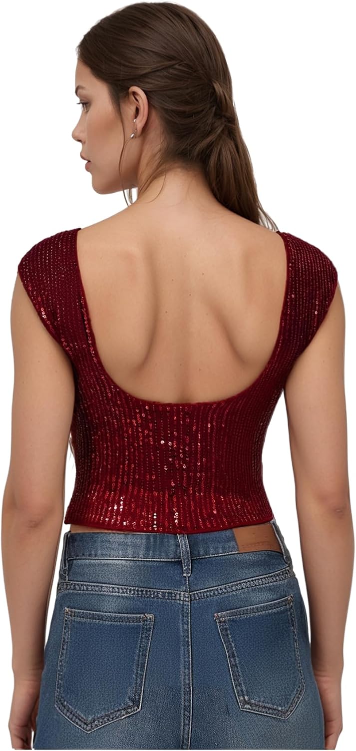 WDIRARA Women's Sequin Boat Neck Shirts Sparkle Glitter Backless Tee Cap Sleeve Crop Tops - Image 2
