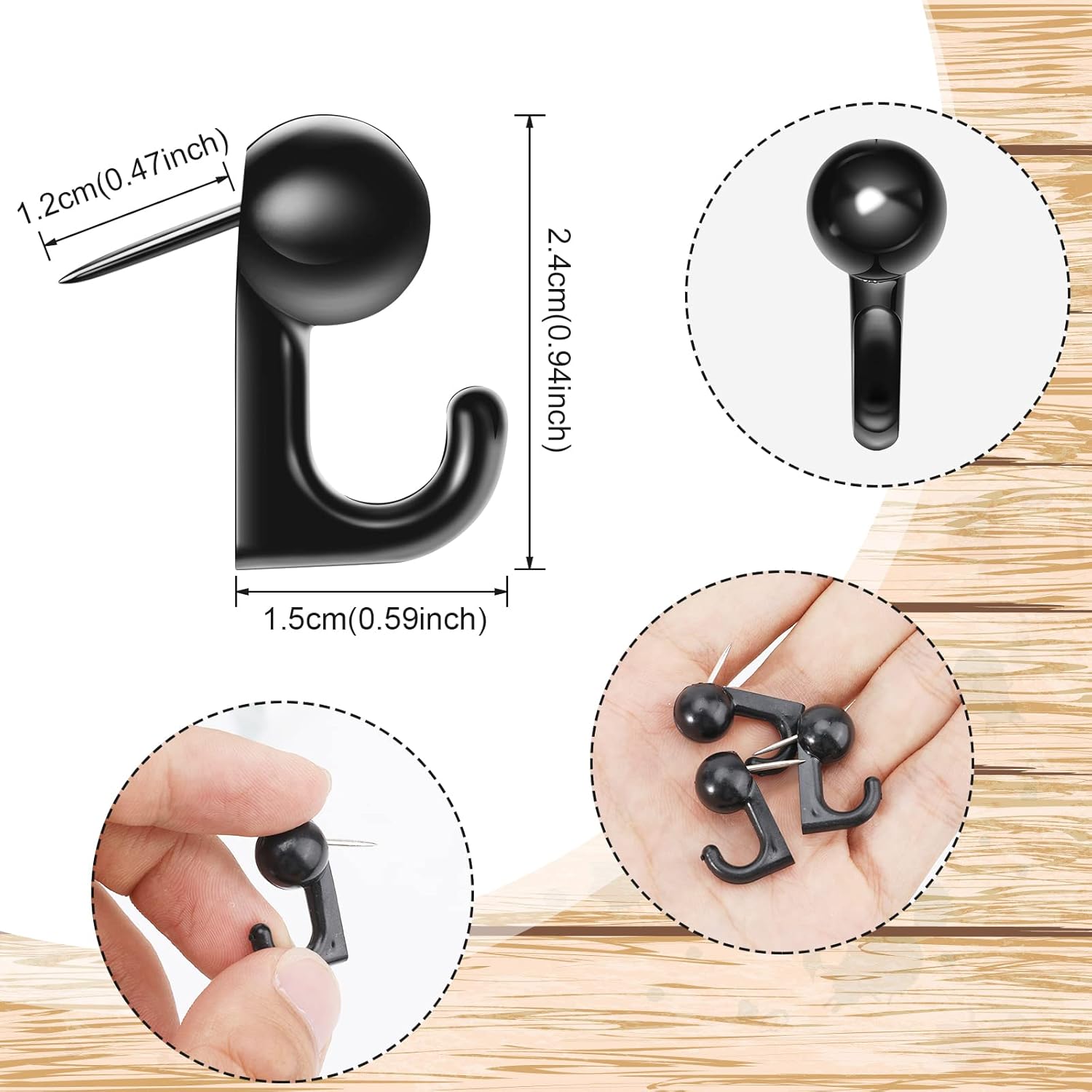 OOTSR 100 Pieces Black Push Pin Hooks, Plastic Heads Pin Tacks Hooks