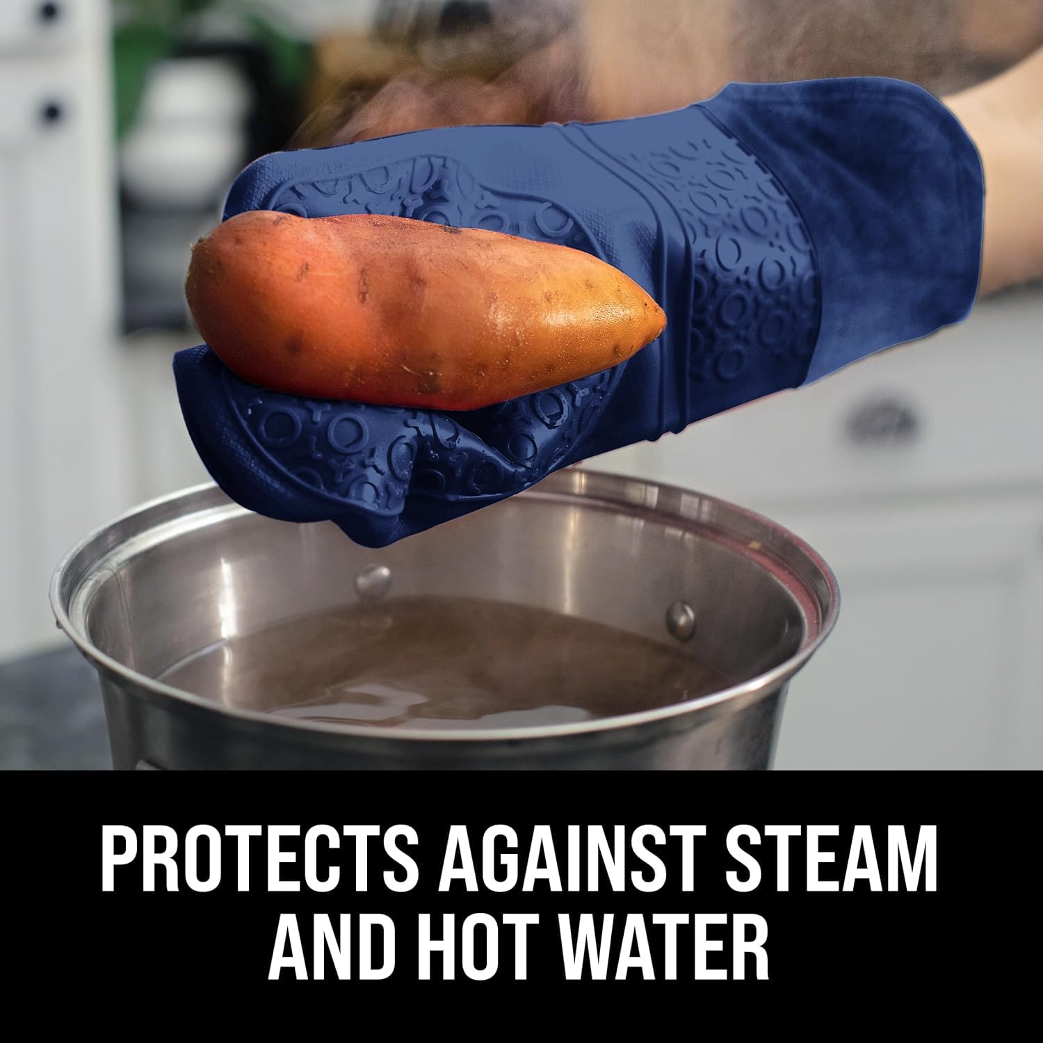 HOMWE Guanto da forno professionale extra lungo in silicone, guanti da forno con fodera trapuntata, presine resistenti al calore, guanti da forno flessibili, blu navy, 1 paio, 37 cm