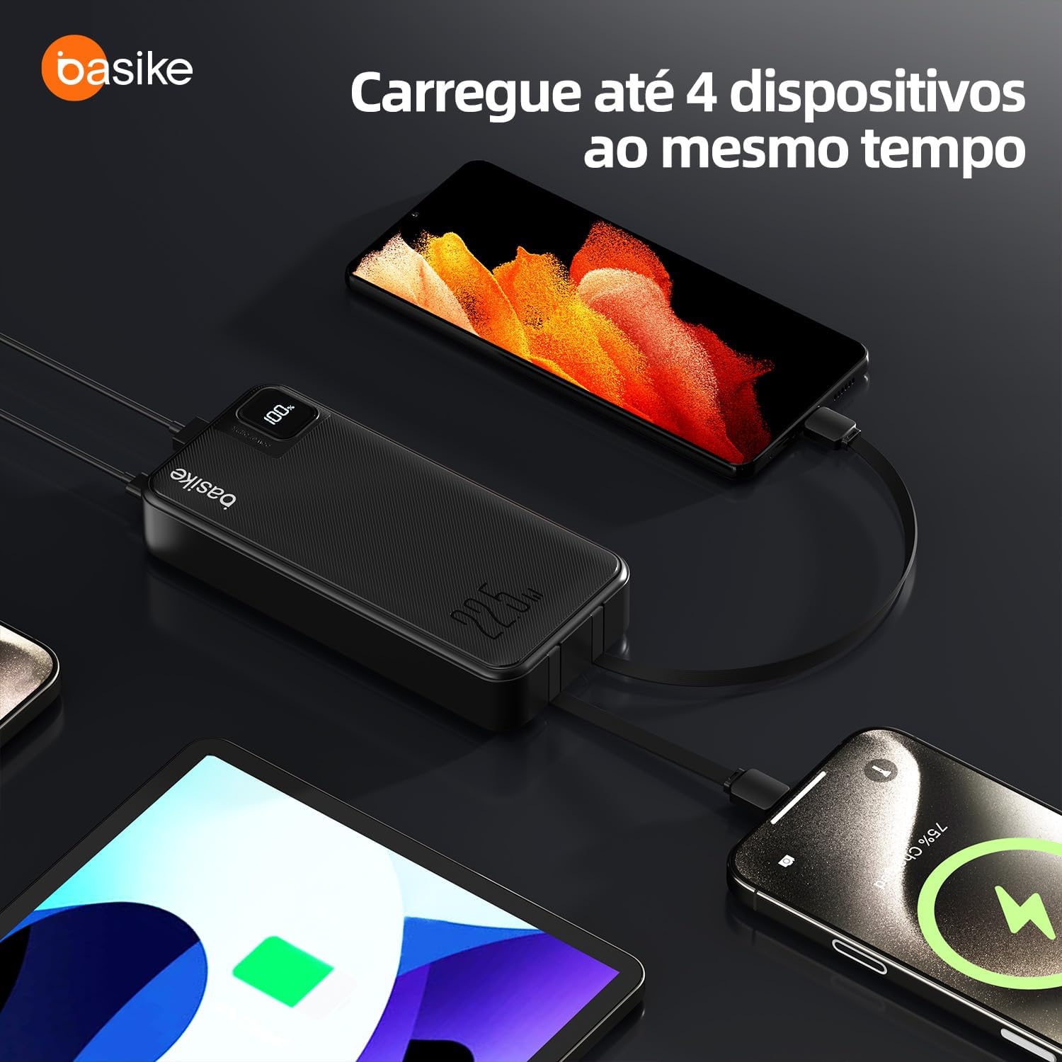 Basike Power Bank, Carregador Portátil Universal 20000mAh, USB-A(até 22.5W)+USB-C(até PD20W), com 2 Cabos Integrados (USB-C, Lightning) Basike Power Bank, Carregador Portátil Universal 20000mAh, USB-A(até 22.5W)+USB-C(até PD20W), com 2 Cabos Integrados (USB-C, Lightning)