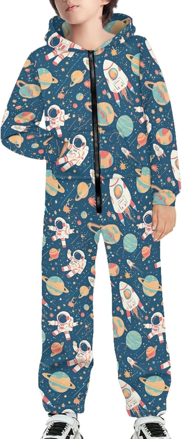 Kids 3D Galaxy Novelty Print Sky Graphic Jumpsuits Zip Up Hoodie One Piece Rompers Boys Girls