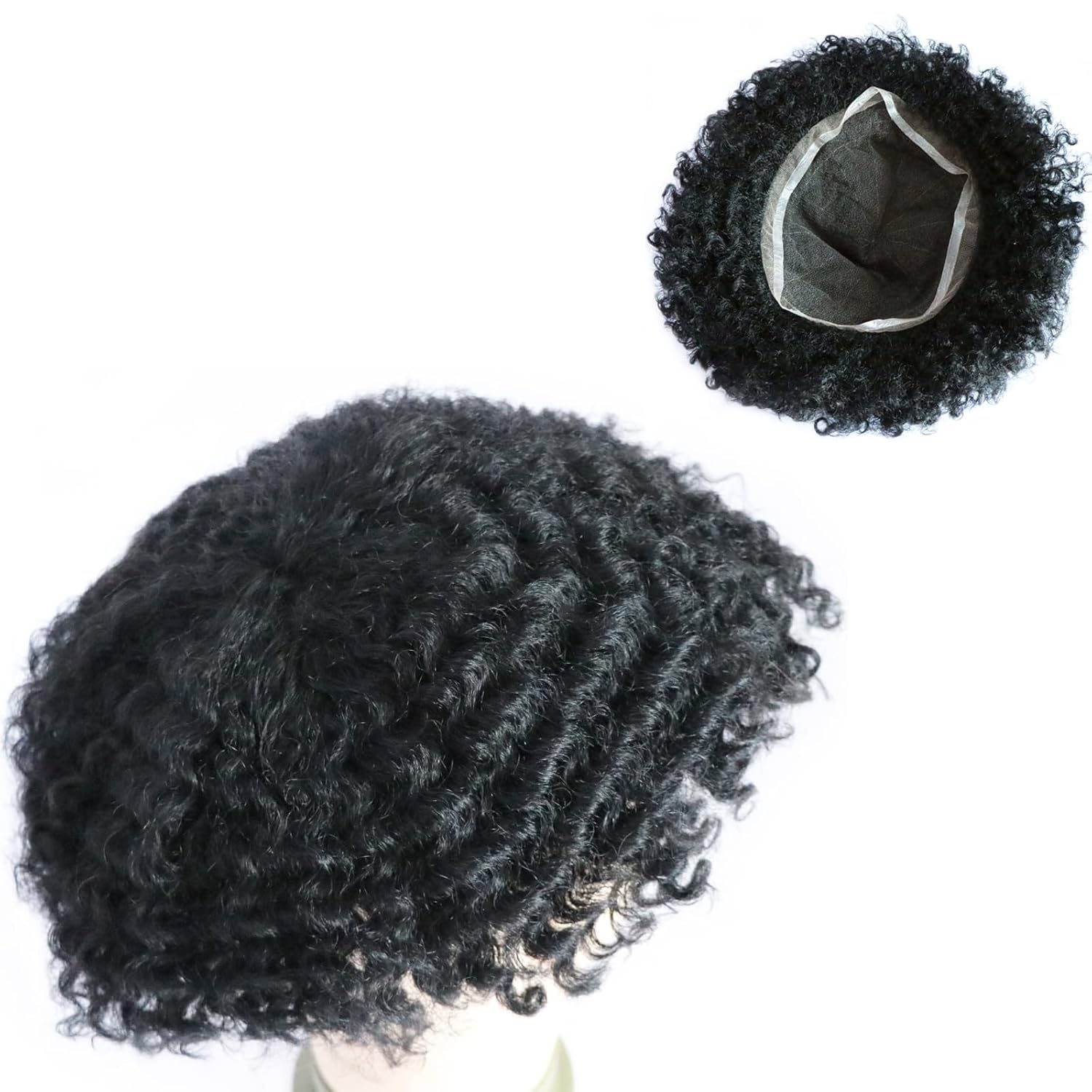 Men Unit Short Afro Kinky Curly Male Toupee Human Hair Wigs 10MM Mens Wave Kinky Curly Full Lace Wig for Men Hair Piece 8x10inch Lace Replacement Systems (1# Jet Black)