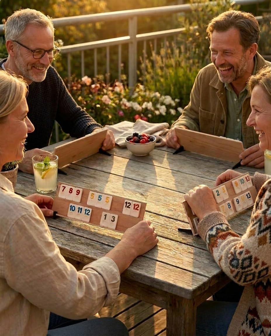 Rummy Holzspiel - Brettspiel aus massivem Buchenholz, 4 Spieler, Braun